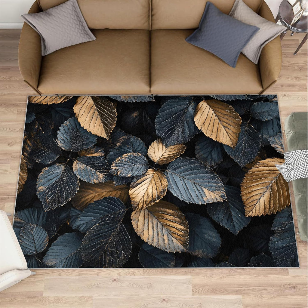 Leaves Rug - 6x8 Rug, Black Gold Leaf Area Rugs for Bedroom, Botanical Rugs for Living Room, Plant Carpet, Washable Carpet, Leaves Home Decor & Gifts