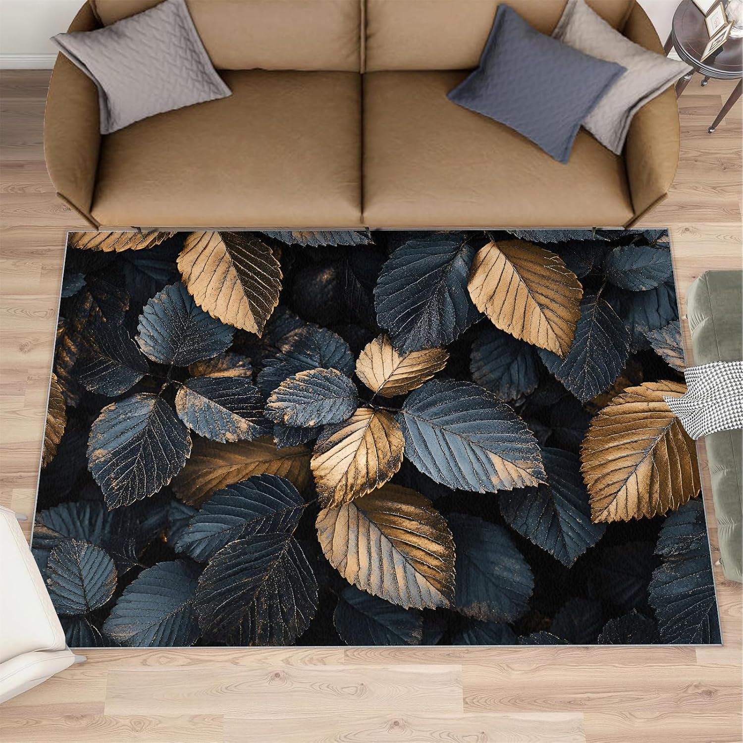 Leaves Rug - 6x8 Rug, Black Gold Leaf Area Rugs for Bedroom, Botanical Rugs for Living Room, Plant Carpet, Washable Carpet, Leaves Home Decor & Gifts