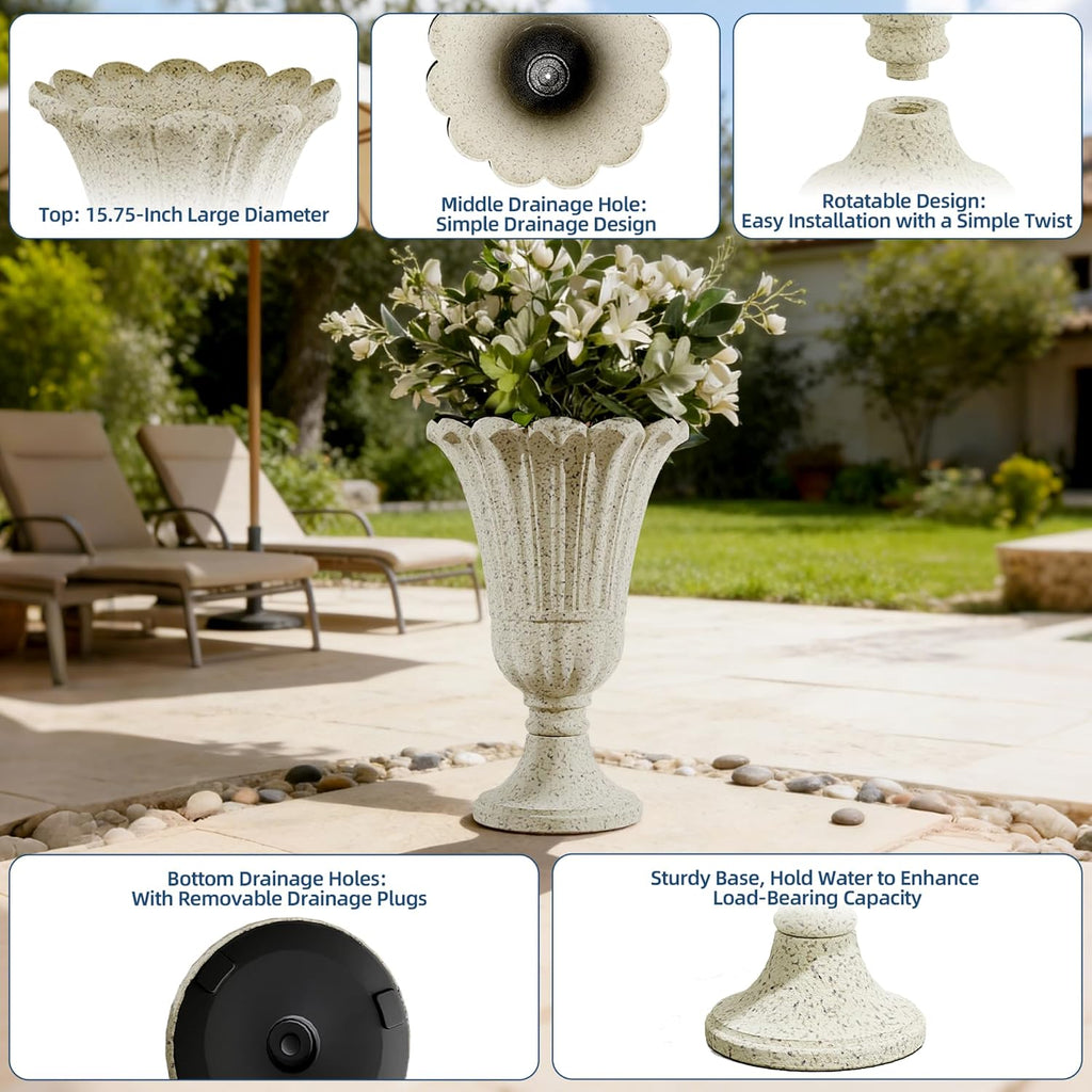 Plastic Urn Planters Set of 2, 23.6' Tall Pedestal Planter with Drainage Holes, Vintage Petal Garden Planter Urns for Front Porch, Large Plant Urns Outdoor & Indoor Flower Pots, Beige