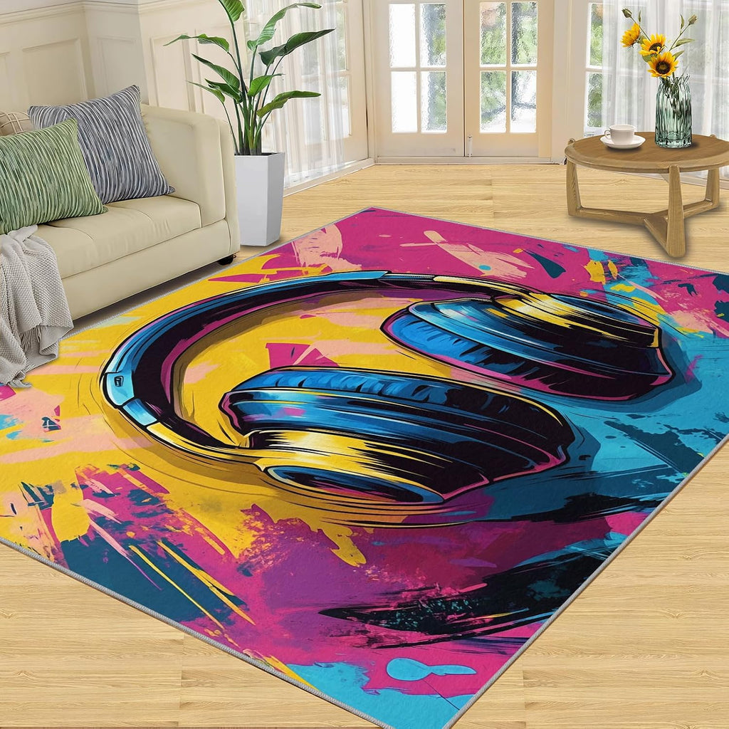 Graffiti Rug 6x8, Music Rugs for Bedroom, Earphone Area Rug, Home Decor Rugs for Living Room, Non-Slip Machine Washable Carpet