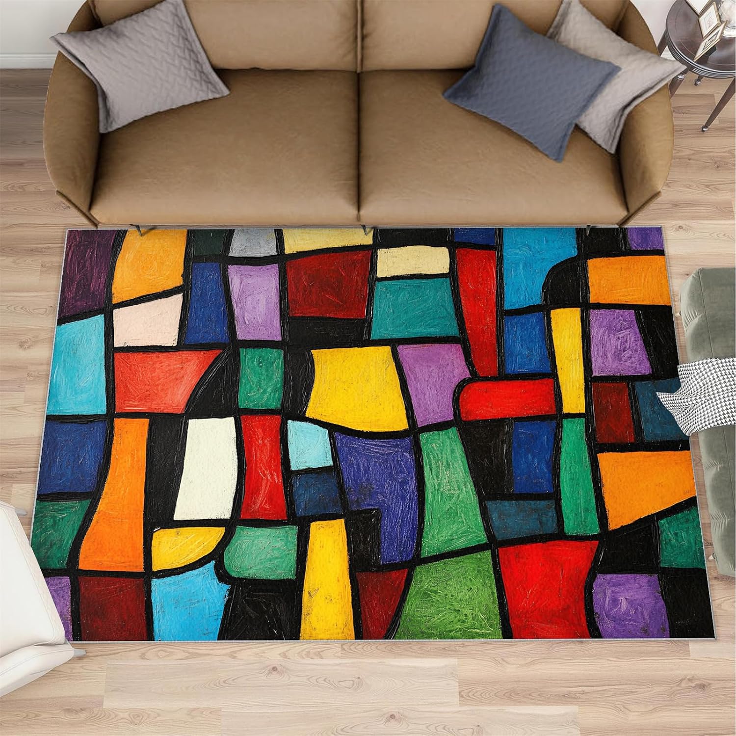 Colorful Geometry Area Rug, Geometric Color Blocks Rugs for Living Room, Low Pile Soft High Traffic Rugs for Bedroom Children's Room Dormitory Decor Floor Mat 6x8