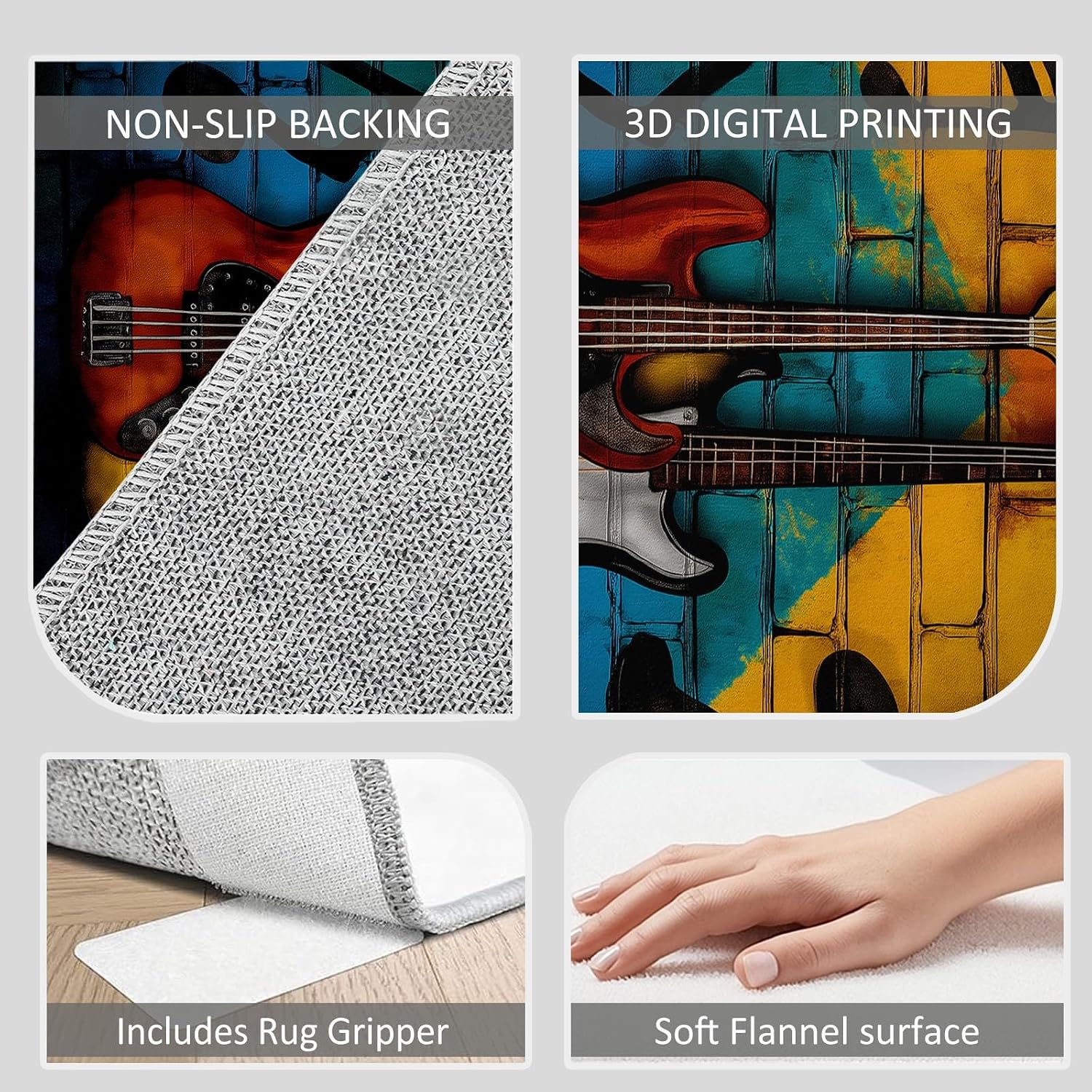Washable Area Rug 6x9 ft Colorful Guitar Notes Living Room Rugs, Soft Low Pile Rug, No-Slip Floor Carpet, for Bedroom Dining Room Farmhouse Home Office 3D Print Rug