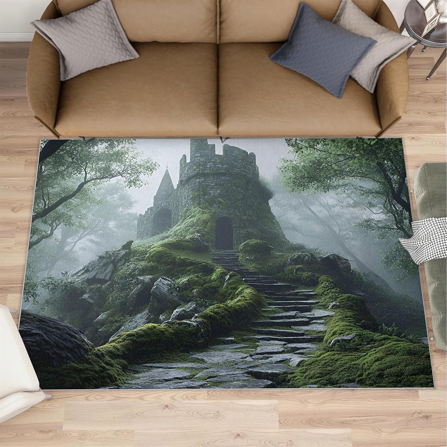 Castle Rug 6x8, Forest Rugs for Living Room, Ancient Castle Area Rug, Non Slip Washable Rugs for Bedroom Kitchen Dining Room Decor Carpet