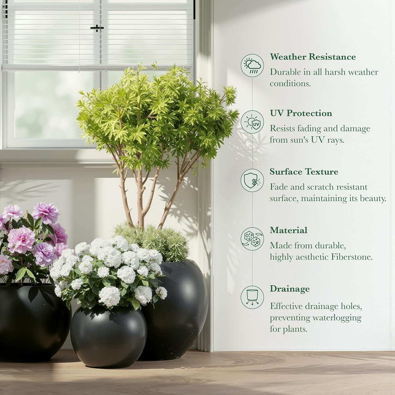 DTY Premium Mt Sherman Fiberstone Sphere Planter for Indoor Outdoor Use, Round Pot for Olive Tree, Lightweight, Smooth Finishes. 2 Extra Coco Mats. Black, Large 21.1'' D x 16.7'' H. 14.6' Pot Opening