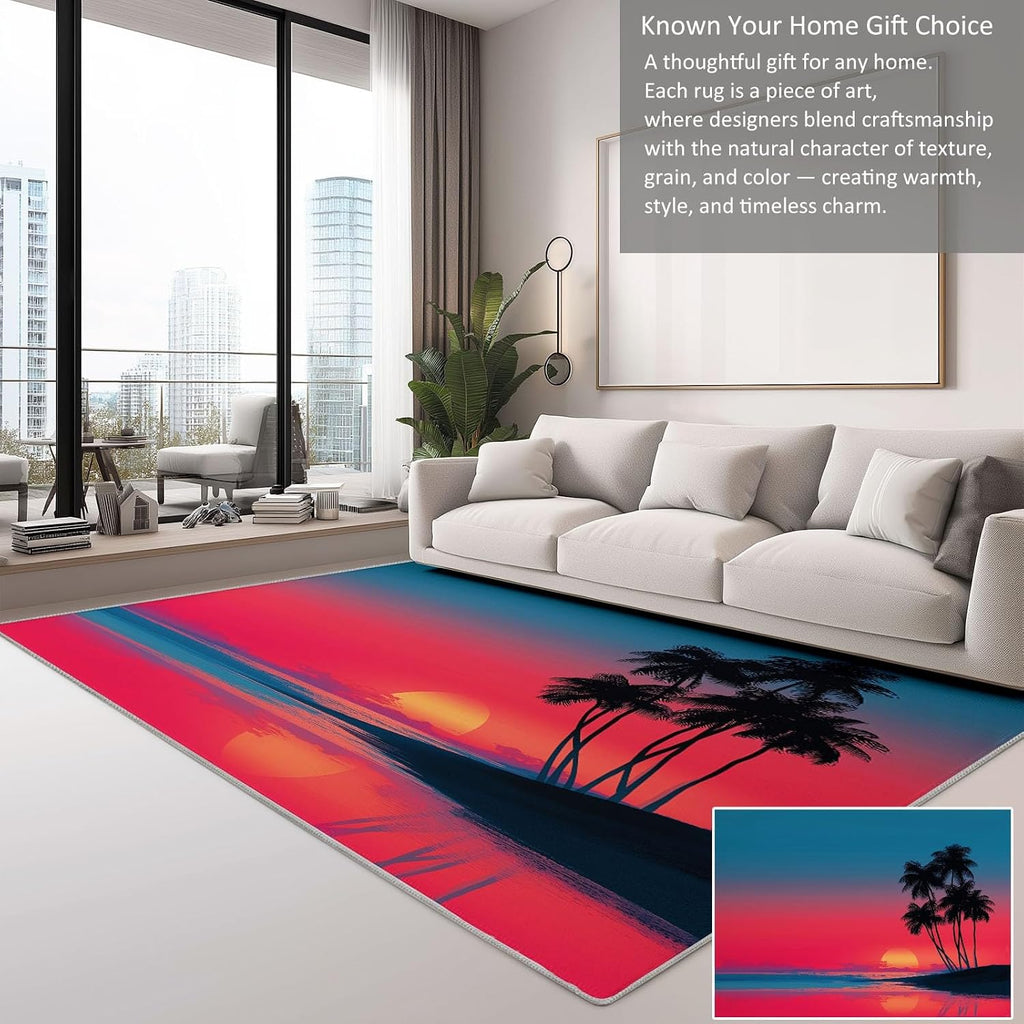 Area Rug 5 x 7 ft for Living Room, Nature Photography Washable Non-Slip Rug - Beach Sunset Palm Trees Low-Pile Print Carpet for Bedroom Dinning Room Entrance Farmhouse Indoor Home Decor