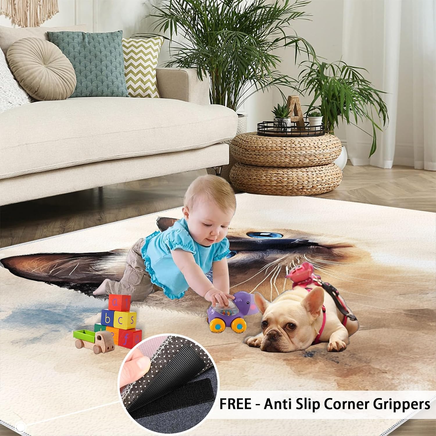 6x8 Kitten Area Rug - Siamese Cat Large Rugs for Living Room, Watercolor Animals Carpet Area Rug for Girls Bedroom Kids Room Basement Office Classroom