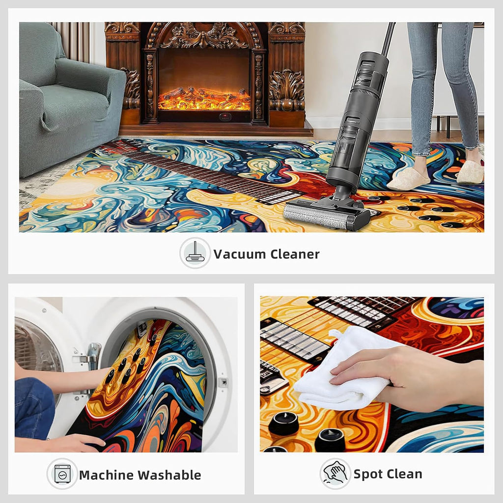 Music Guitar Rug for Bedroom - Music Area Rug - Guitar Lover Rugs for Living Room, Non-Slip Low Pile Carpet for Classroom Recording Studio Band 6x8ft