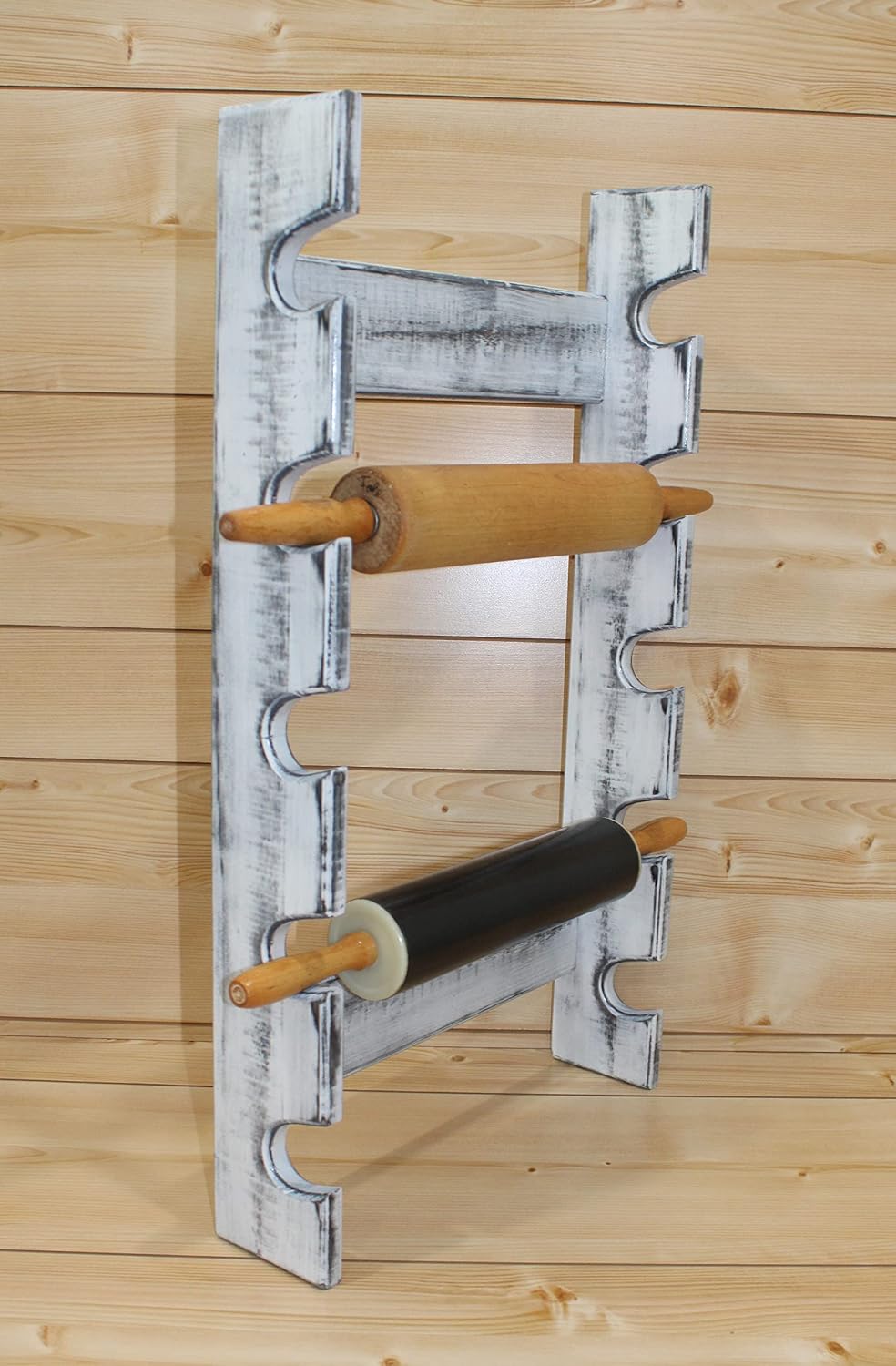 Wooden Rolling Pin Display Rack – Holds 5 Rolling Pins – Wall Mounted Storage for Bakers & Collectors – Antique White Color – Shabby Chic White & Black