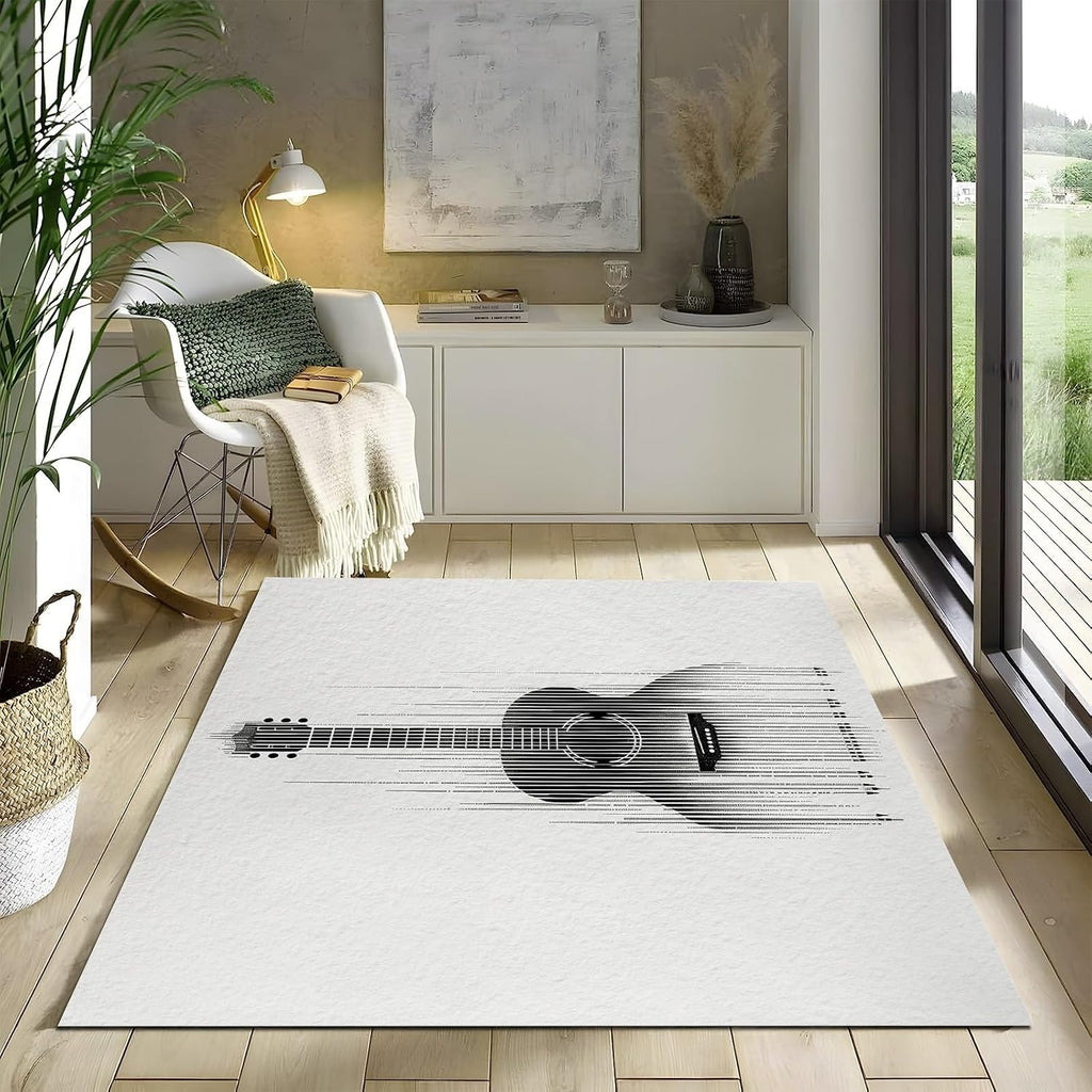 White Washable Area Rug 5' x 7', Abstract Guitar Instrument Black Print Low Pile Carpet 5 x 7 ft Non-Shedding - Non-Slip Robot Vacuum Compatible Rug for Living Room, Office & Home
