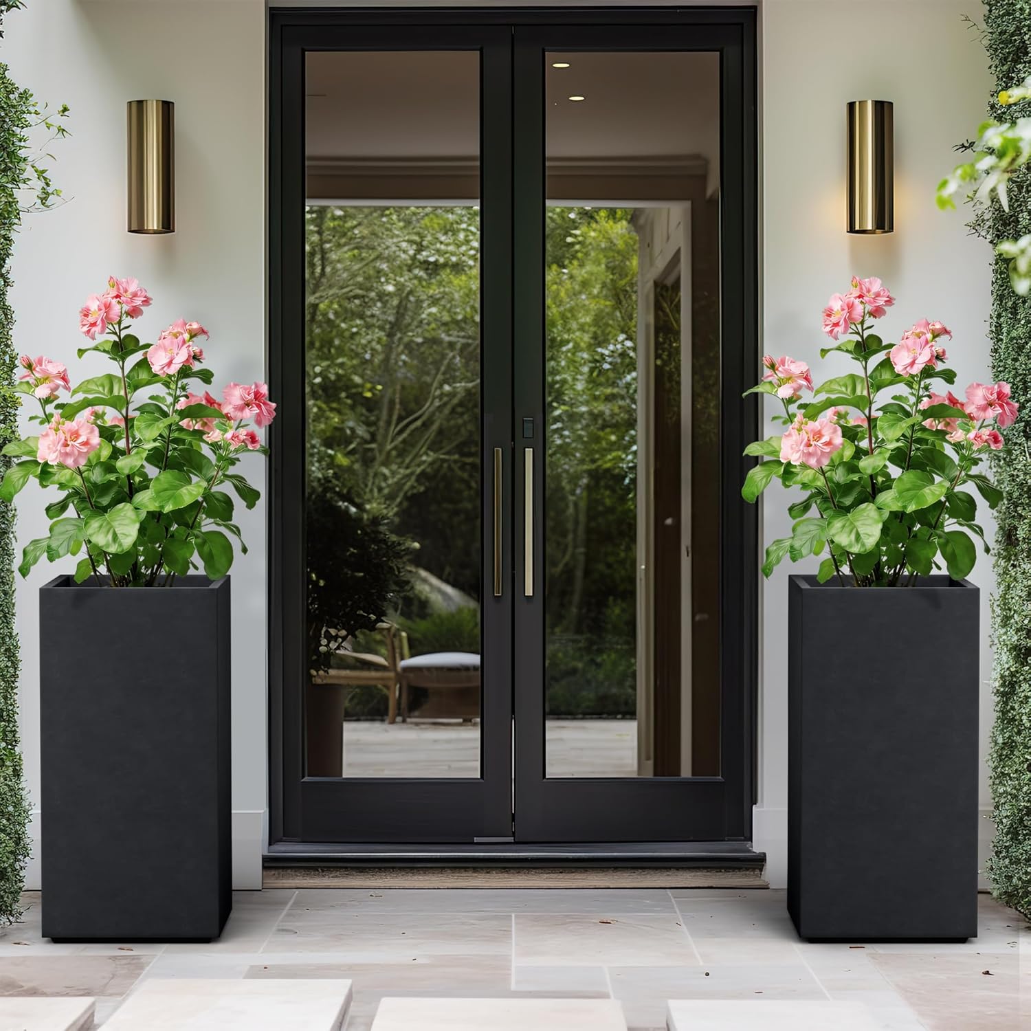 Kante 27.6' H Tall Rectangular Concrete Planter, Modern Square Diameter Plant Pot with Drainage Hole and Rubber Plug for Indoor Outdoor Home Patio Garden, Black
