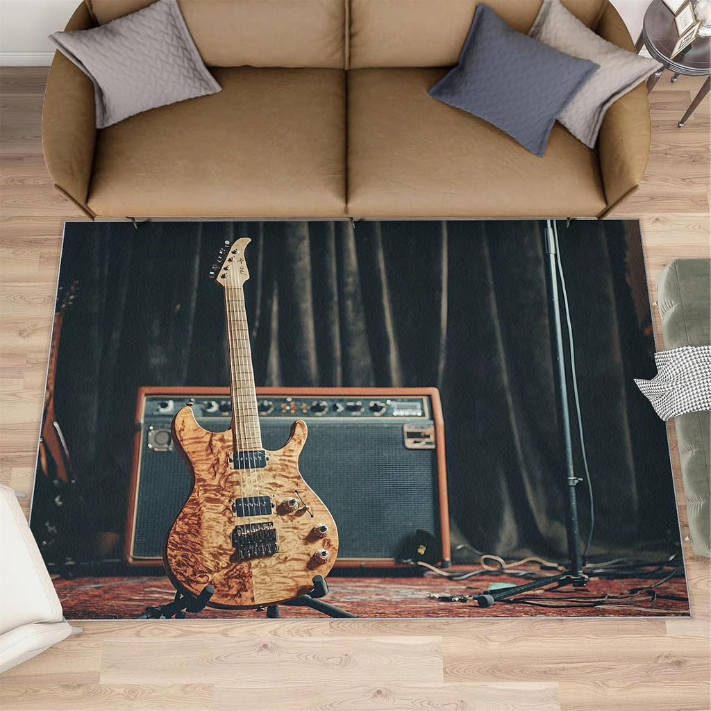 Guitar Rug - 7x10 Rugs for Living Room, Music Area Rug, Retro Guitar Washable Rugs for Bedroom, Non Slip Soft Rock and Roll Indoor Carpet - Home Decor, Music Lover Gifts for Boys