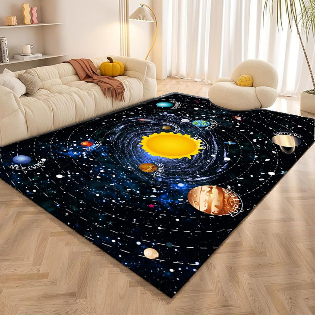 Outer Space Solar System Children's Carpets, 6x8ft, Galaxy Education Daycare Rug, Learning Blue Night Sky Preschool Classroom Rugs, Fade Resistant Printed Mat for Girls Boys