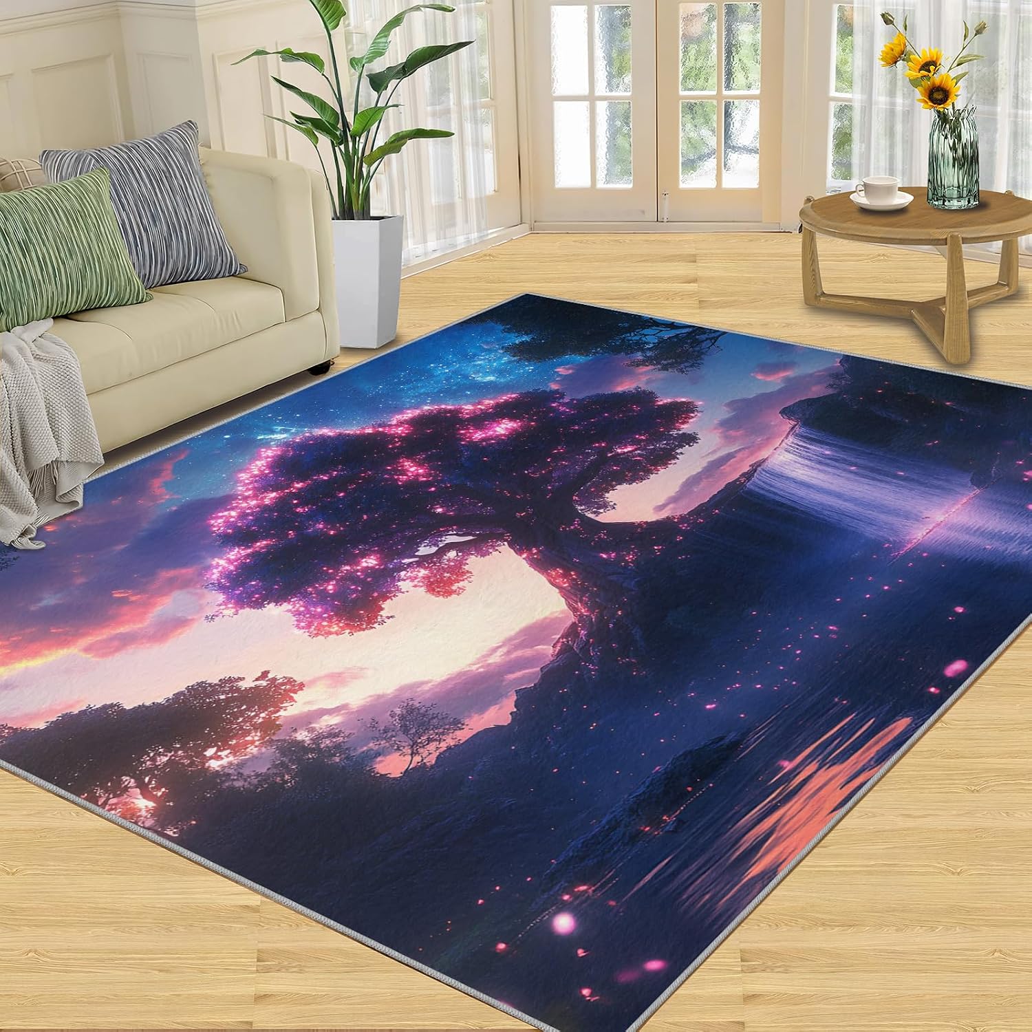 Tree of Life Rug 6x8-6x8 Rug, Fantasy Galaxy Area Rugs for Bedroom, Natural Waterfall Rugs for Living Room, Nature Scenery Washable Mat, Landscape Carpet, Fantasy Tree Home Decor & Gifts