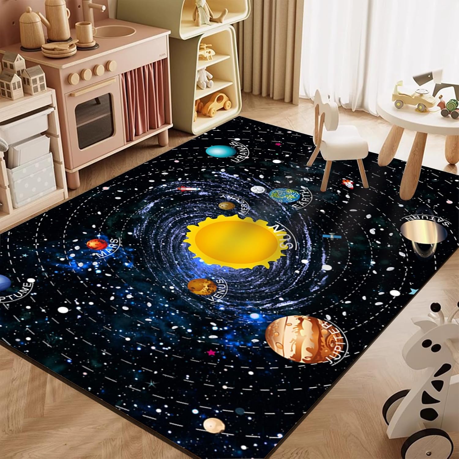 Outer Space Solar System Children's Carpets, 6x8ft, Galaxy Education Daycare Rug, Learning Blue Night Sky Preschool Classroom Rugs, Fade Resistant Printed Mat for Girls Boys