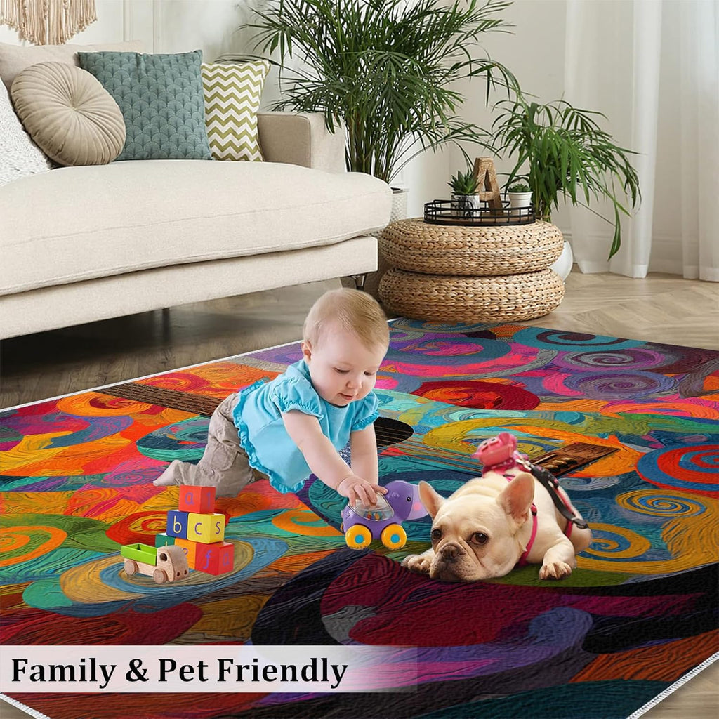 Guitar Rugs for Music Room - Boys Musical Rug, 6x8 Rug, Music Washable Rugs for Living Room Bedroom, Colored Swirl Area Rug, Rock and Roll Carpet - Home Decor, Electric Guitars Gifts for Men