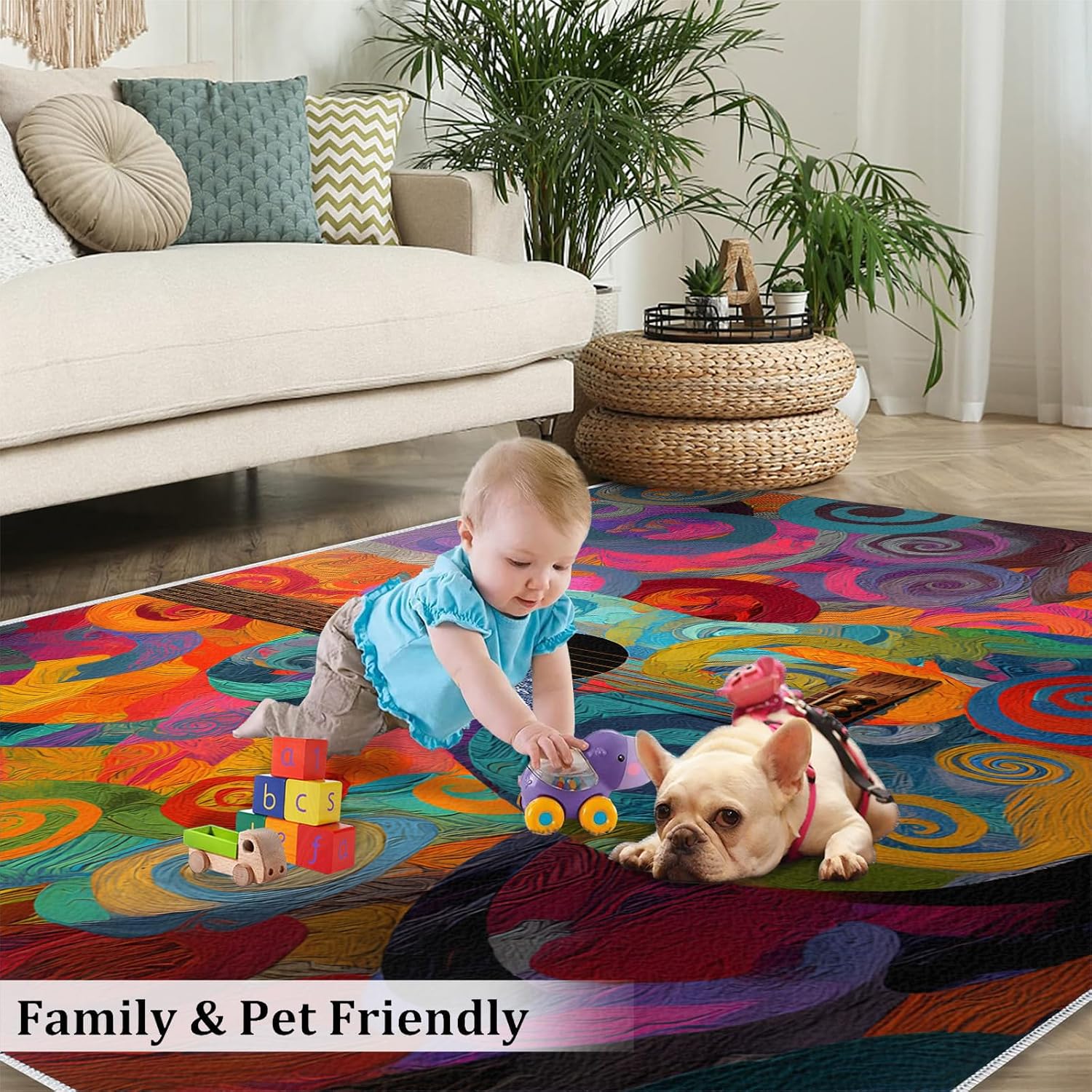 Guitar Rugs for Music Room - Boys Musical Rug, 6x8 Rug, Music Washable Rugs for Living Room Bedroom, Colored Swirl Area Rug, Rock and Roll Carpet - Home Decor, Electric Guitars Gifts for Men