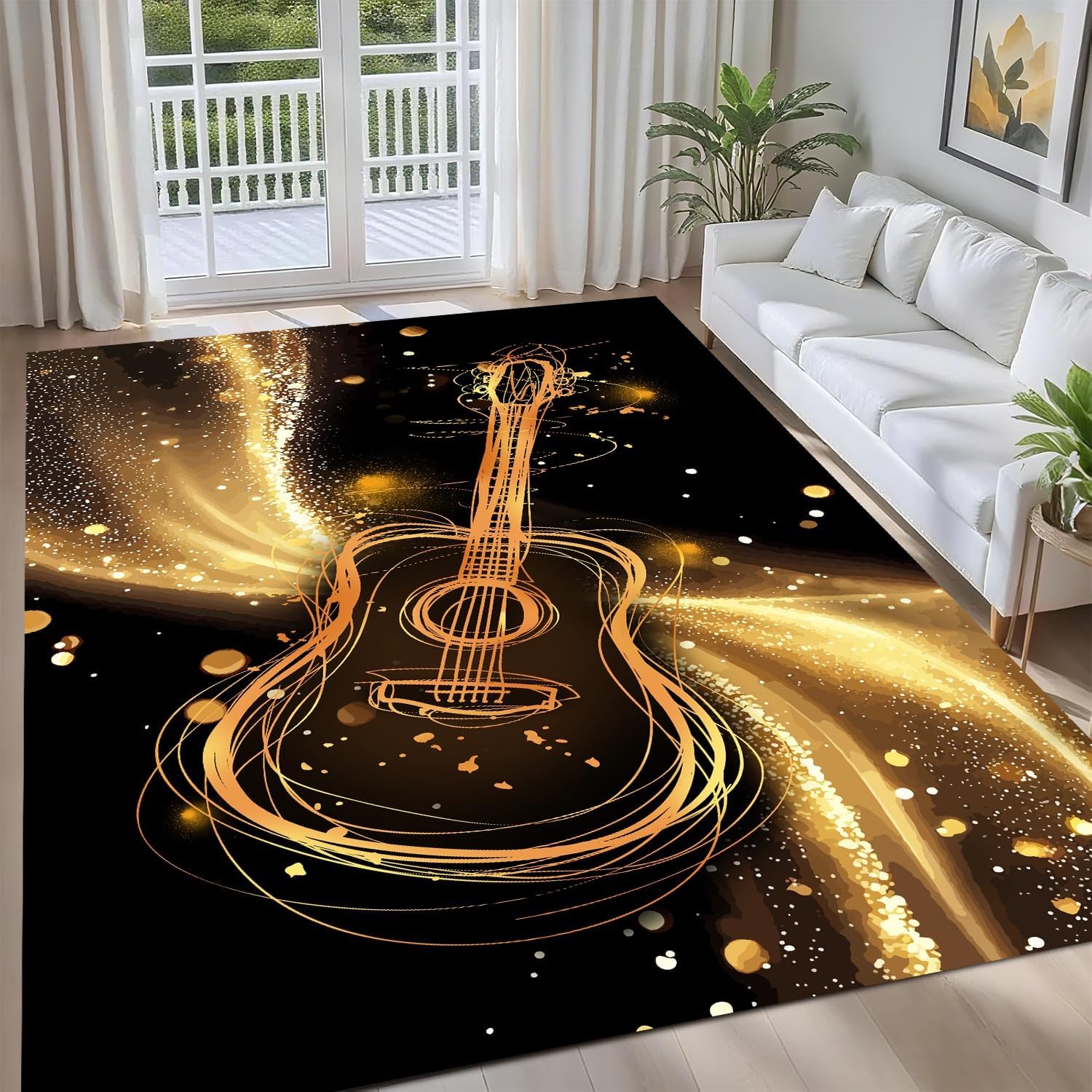 Guitar Area Rug, 6x8ft, Music Themed 3D Instrument Print, Black and Gold Guitar Washable Rugs, Soft Rugs for Bedrooms, Living Rooms, Studies, Children's Rooms, Non-Slip Mats, Home Décor