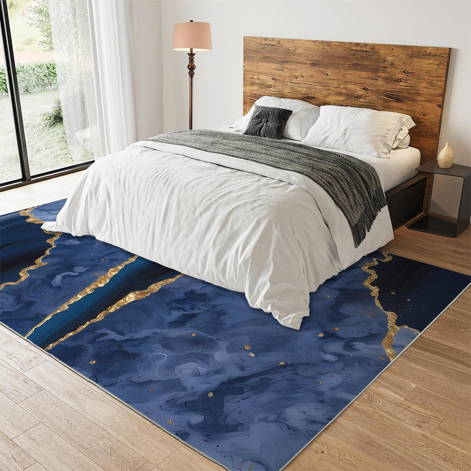 Navy Blue Marble Texture Area Rug, Luxurious Ink Gilt Stripes Large Rugs, Indoor Non-Slip Kids Rugs, for Room Sofa Living Room Mat Bedroom Home Decor Floor Mats,6 x 8ft