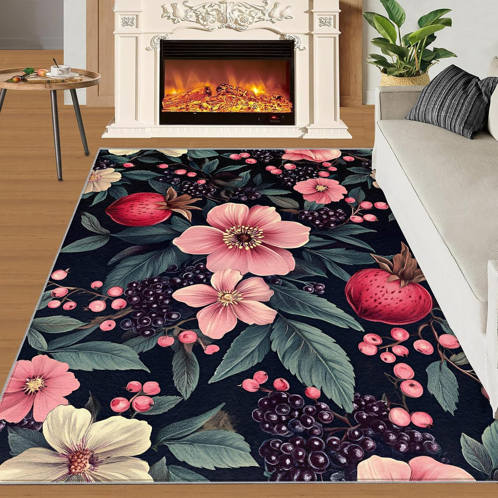 Rustic Rugs for Bedroom, Boho Flowers Area Rug, Pink Florals Rugs for Living Room, 6x8 Washable Rug Non Slip & Low Pile, Indoor Carpet & Home Decor