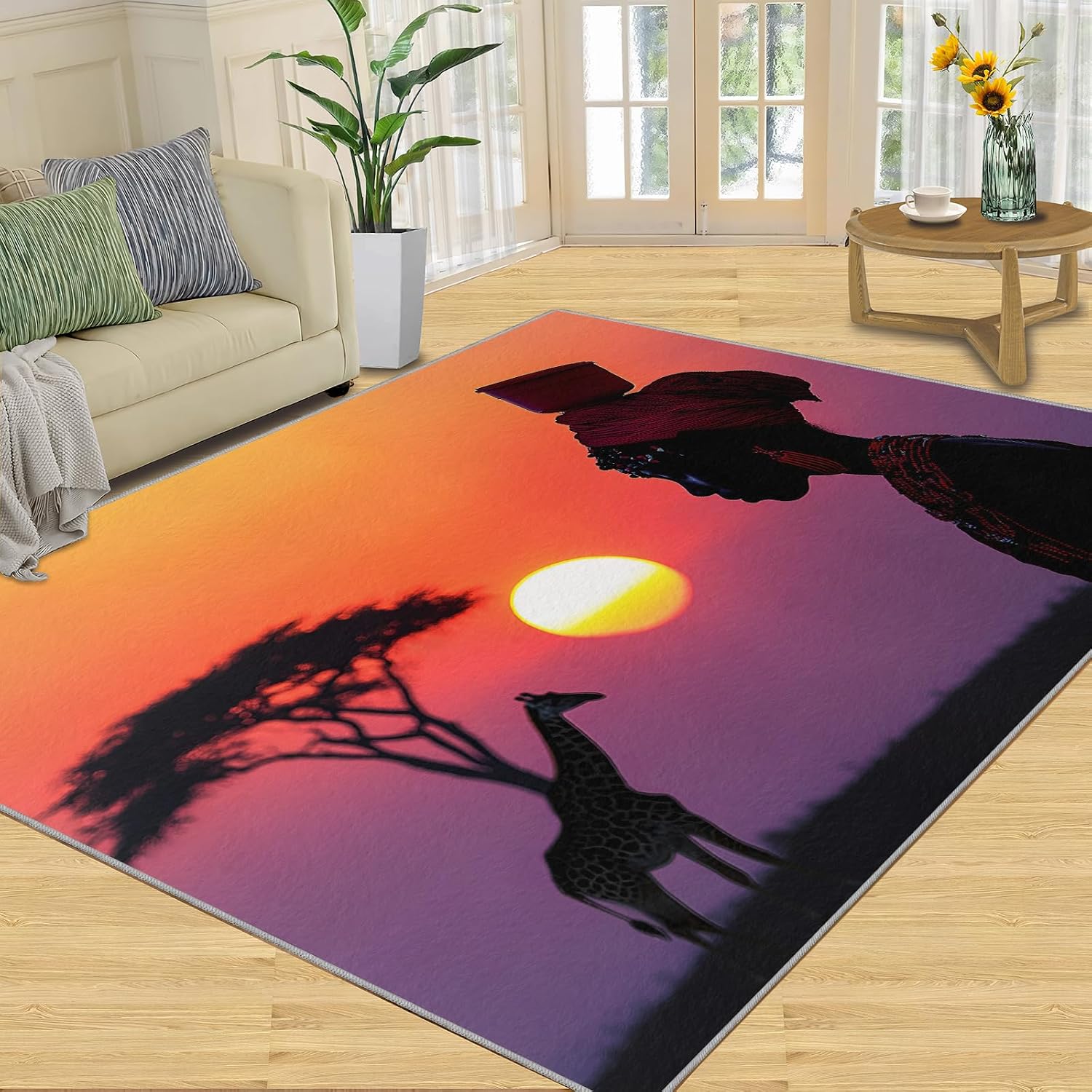 African Women Living Room Rug, Sunset Grassland Rugs for Bedroom, Washable Area Rug for Study Office Kitchen Dining Room Decor Floor Mat 6x8