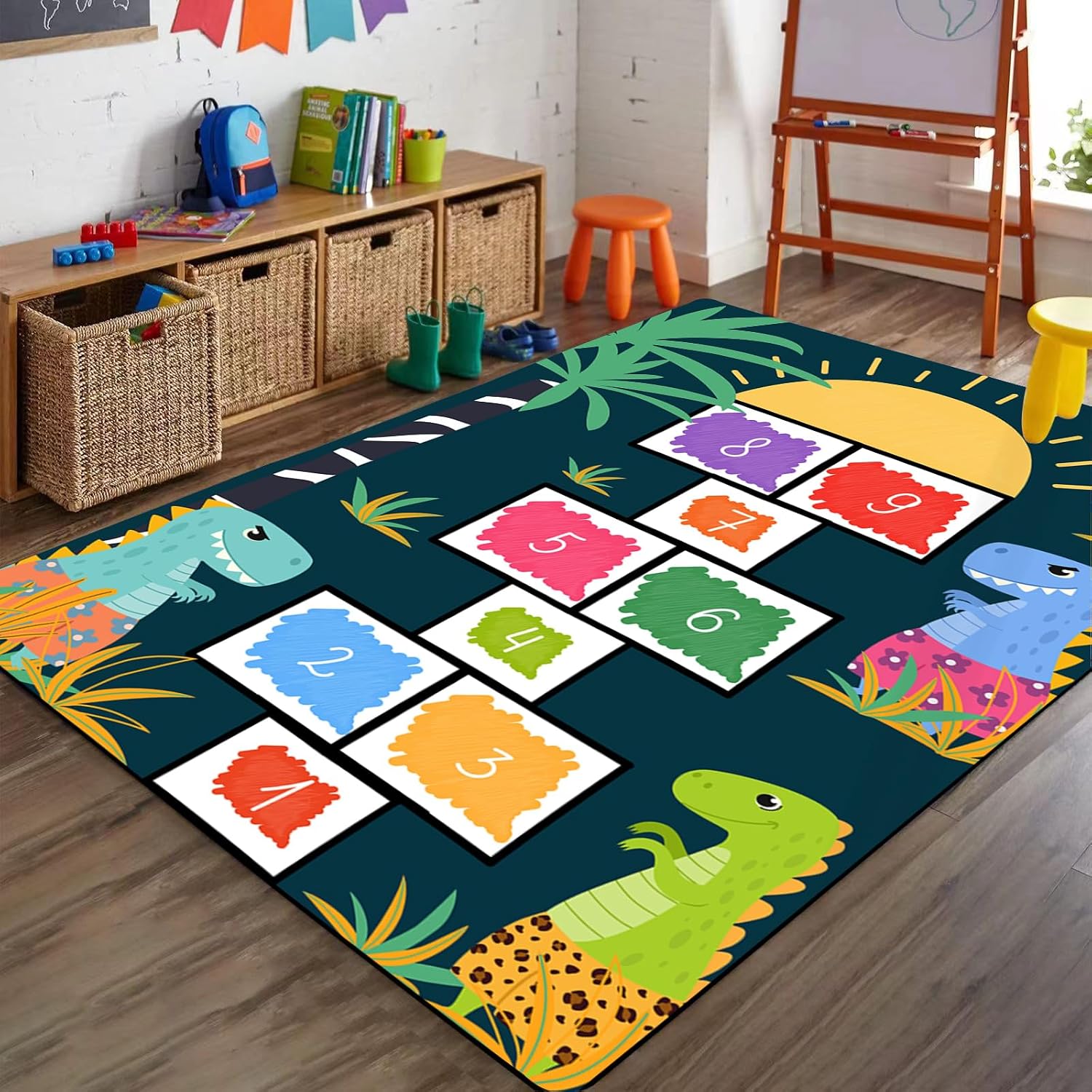Cartoon Hopscotch Rugs for Kids, 6x8ft, Cute Dinosaur Colorful Classroom Carpets, Printed Fade Resistant Durable Area Rug, Dirty Resistant Easy Clean Rugs for Bedroom Living Room
