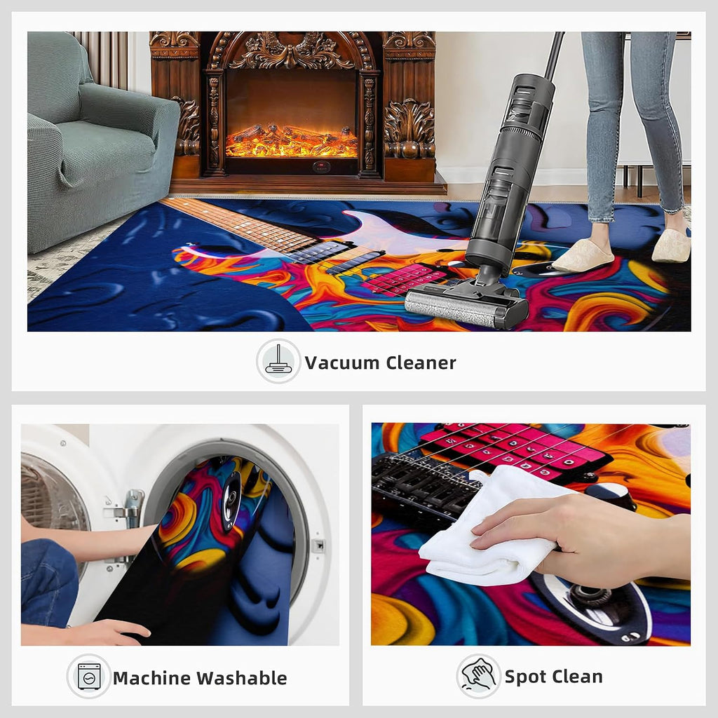 Guitar Rugs for Music Room - 5x7 Rug, Music Home Decor, Boys Musical Washable Rugs for Living Room Bedroom, Colorful Area Rug, Rock and Roll Carpet, Electric Guitars Gifts for Men
