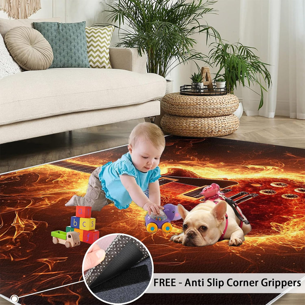 Guitar Rugs for Living Room, Flame Guitar Rug 7x10, Rock Music Area Rugs Washable & Non Slip Large Carpet for Home Decor