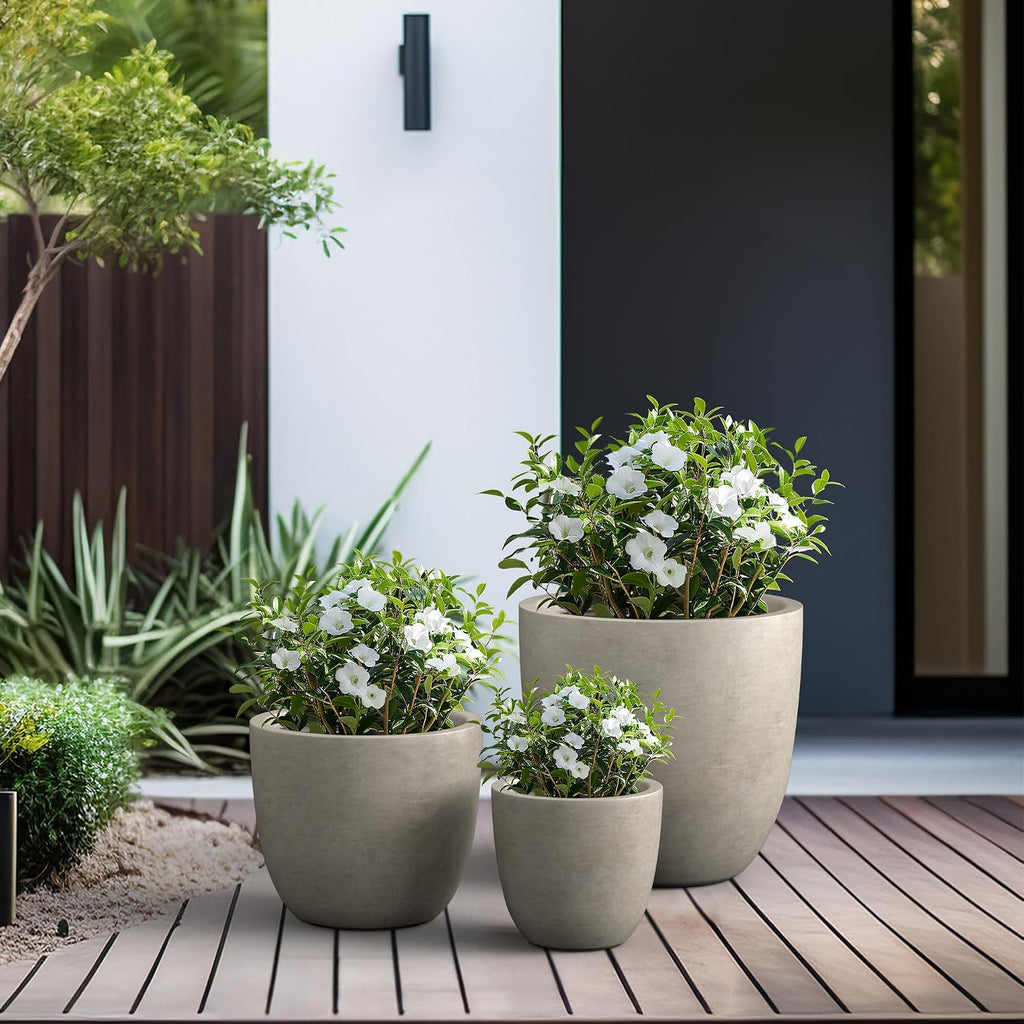 Kante 18',14',10' Dia Concrete Round Planters (Set of 3), Outdoor Indoor Large Planter Pots with Drainage Hole and Rubber Plug for Home Patio Garden, Buff Concrete