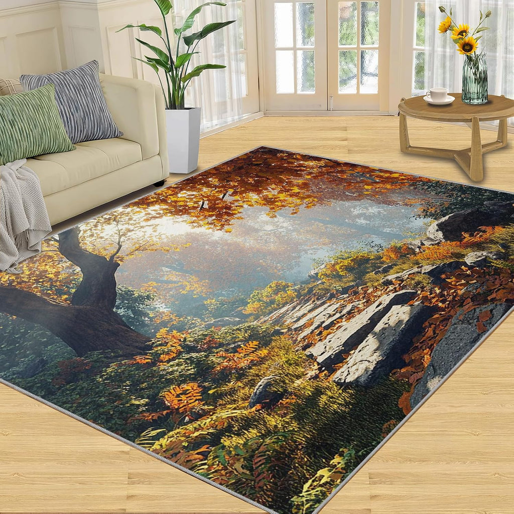 Forest Area Rug Large - 6x8 Rug, Autumn Forest Rugs for Living Room, Stone Path Carpet, Fall Washable Area Rugs for Bedroom, Woodland Carpet, Fall Home Decor