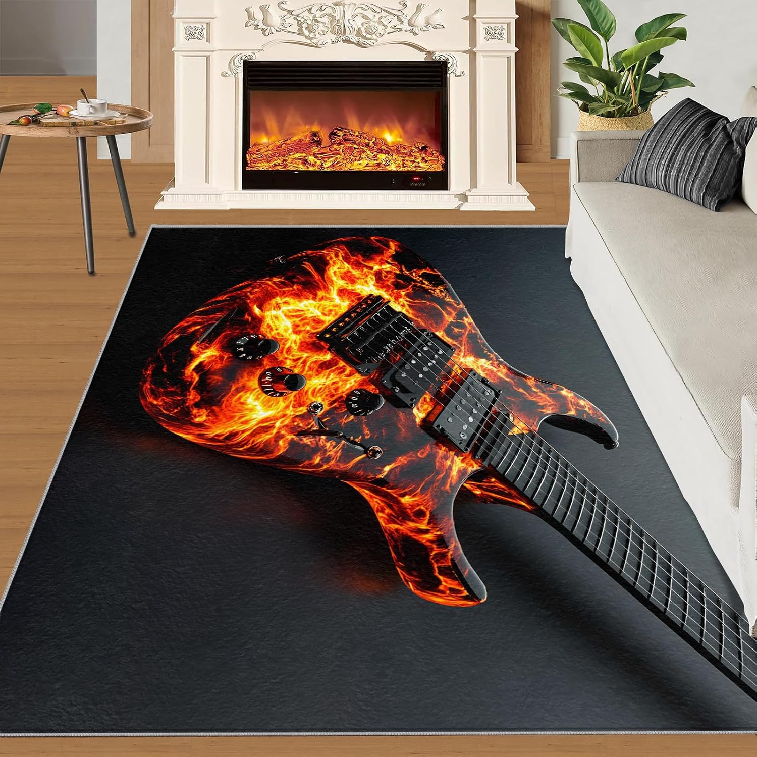 Guitar Rug - 6x8 Rugs for Bedroom, Music Area Rug, Flame Guitar Washable Rugs for Living Room, Non Slip Soft Rock and Roll Indoor Carpet - Home Decor, Music Lover Gifts for Boys