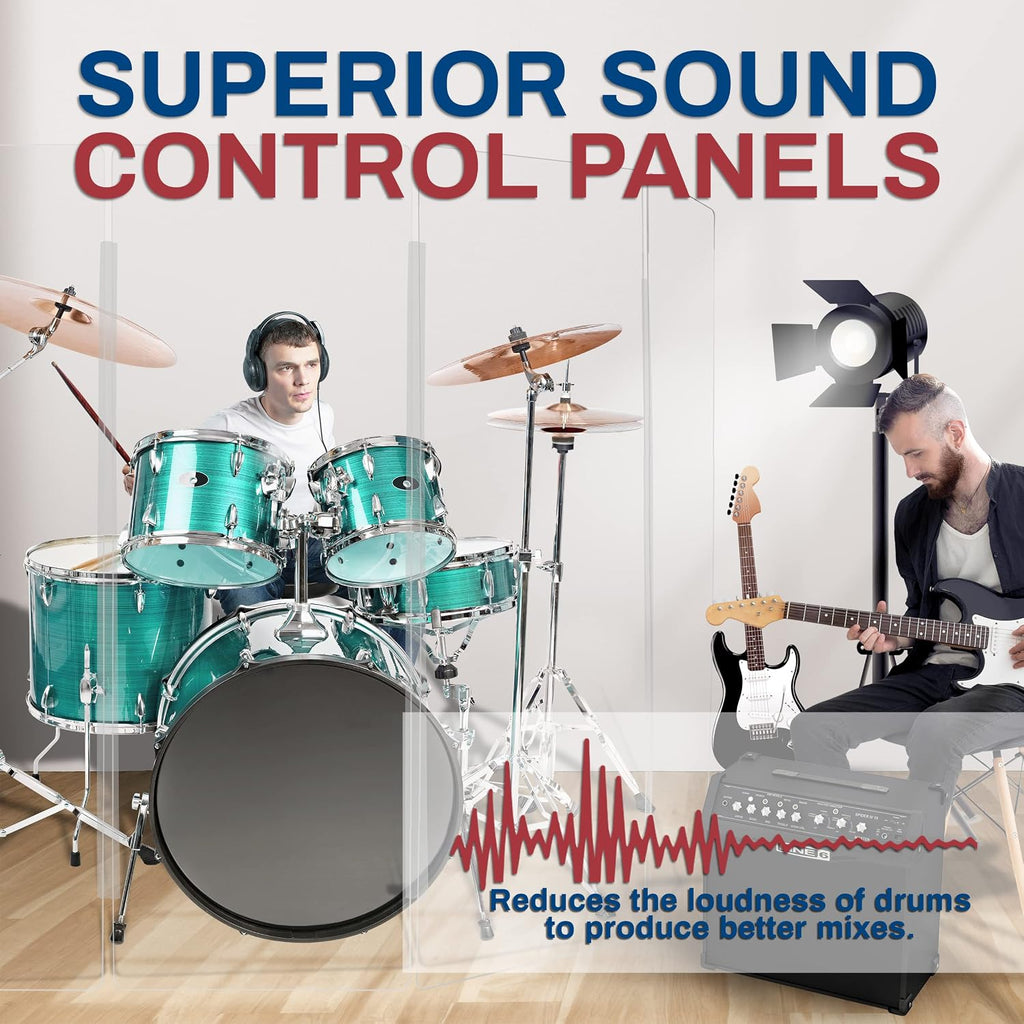 PENNZONI Drum Shield 6ft with Chrome Hinges, Comes w/ 6 Drum Panels, & Chrome Hinges, Premium Clear Acrylic Panels, Drum Screen