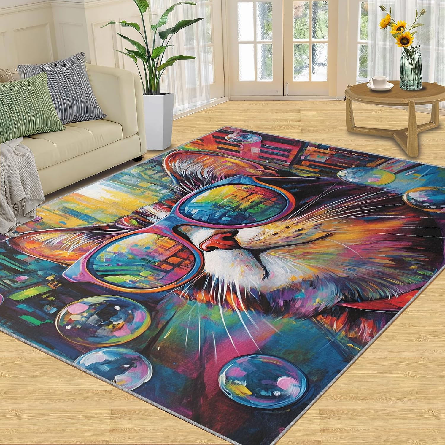 Cat Rug 6x8, Doodle Cat Rugs for Bedroom, Funny Animals Area Rug, Home Decor Rugs for Living Room, Non-Slip Machine Washable Carpet
