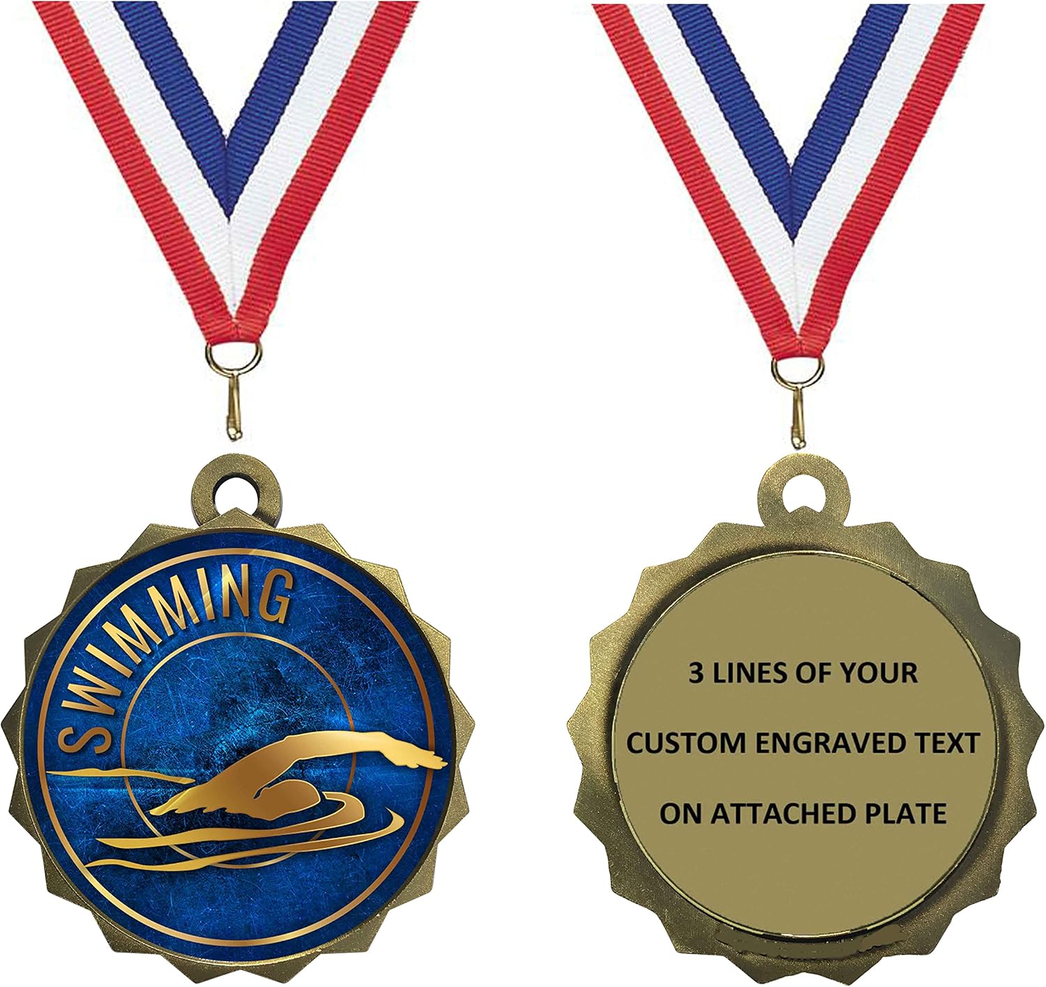 Express Medals 1 to 50 Packs of Engraved Swimming Gold Medal Trophy Award with Neck Ribbon & Attached Engraved Plate on Back LAZD214-EG52