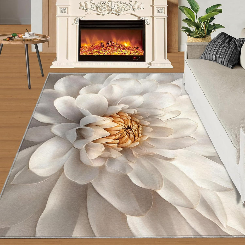 Dahlia Area Rug Large - 6x8 Rug, Floral Rugs for Living Room, White Flower Carpet, Modern Floral Washable Area Rugs for Bedroom, Aesthetic Carpet, Dahlia Home Decor