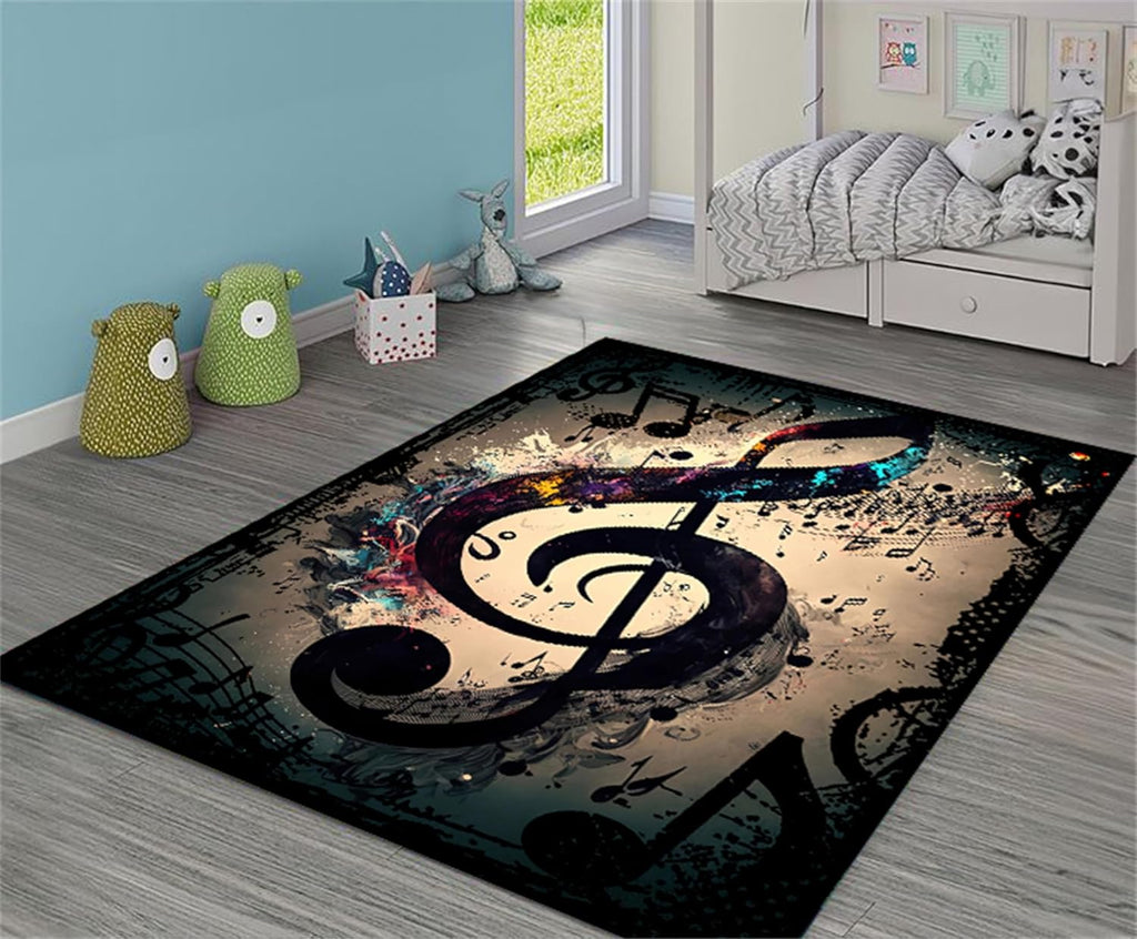 Retro Musical Note Area Rug, 6x8ft, Black, Suitable for Boys and Girls Room Decoration, Washable Soft Low Pile Rug for Hallway Music Room