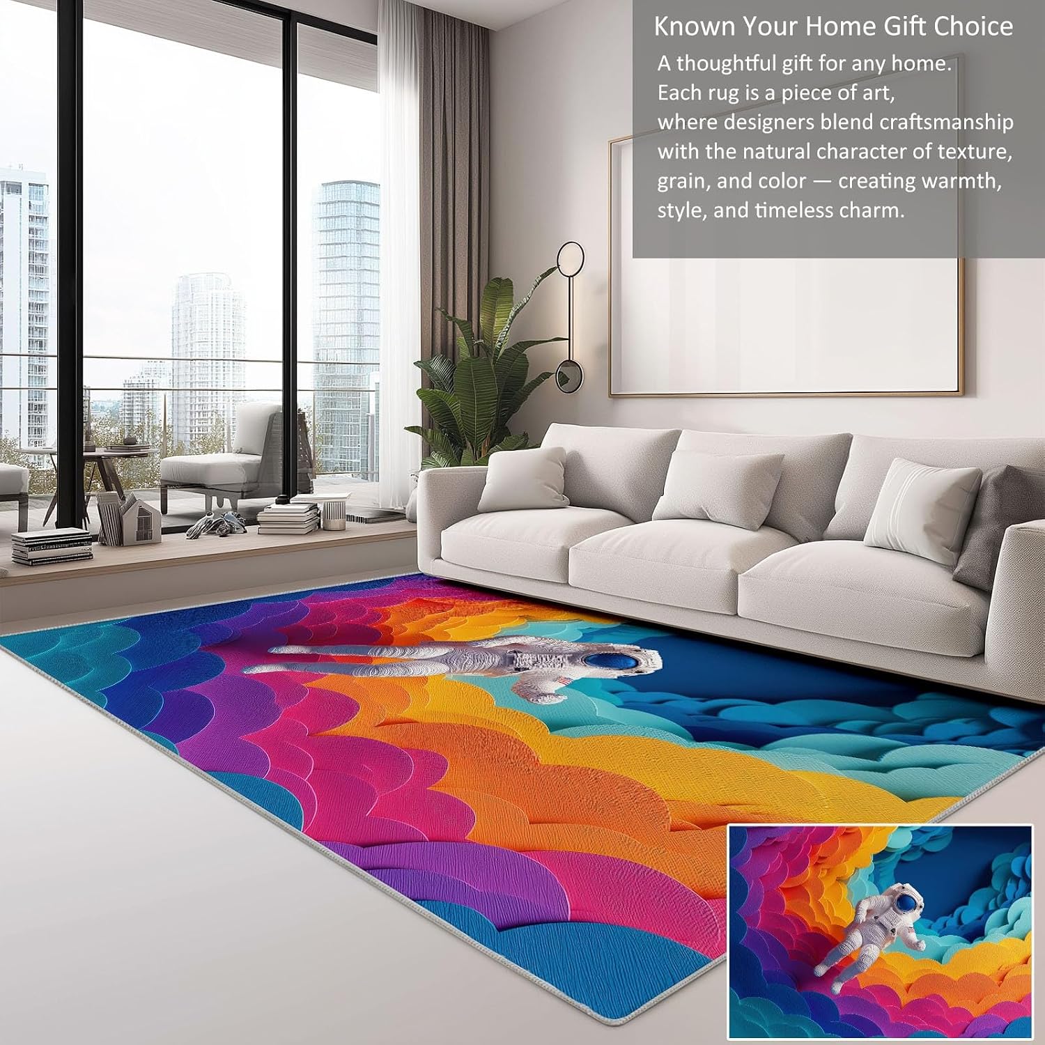 Abstract Washable 5 x 7 ft Area Rugs for Living Room, Bedroom, Dining Room Kitchen, Office Carpet, Geometric Rainbow Space Astronaut Stain Resistant Non-Slip Large Rug, Durable Easy to Clean
