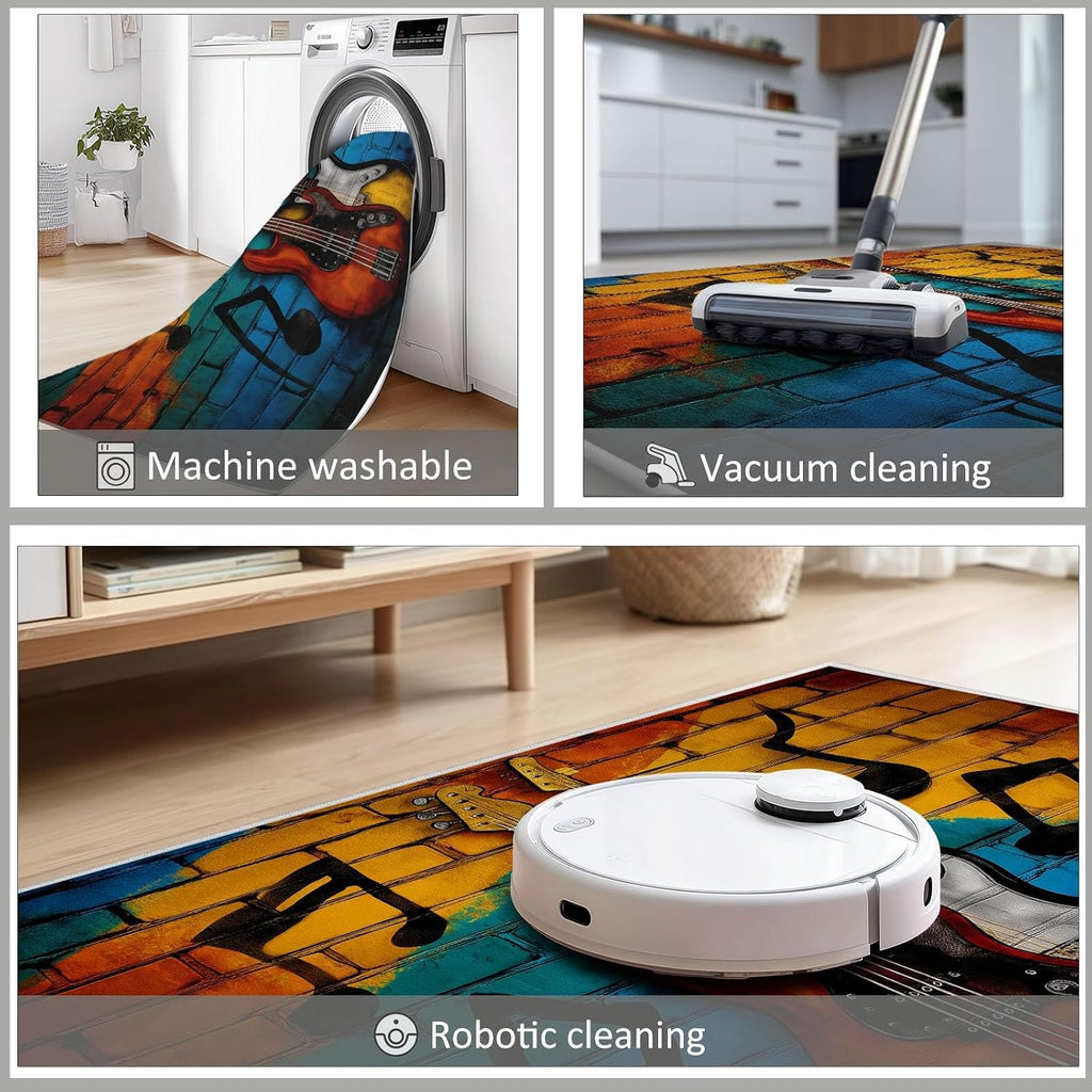 Washable Area Rug 6x9 ft Colorful Guitar Notes Living Room Rugs, Soft Low Pile Rug, No-Slip Floor Carpet, for Bedroom Dining Room Farmhouse Home Office 3D Print Rug