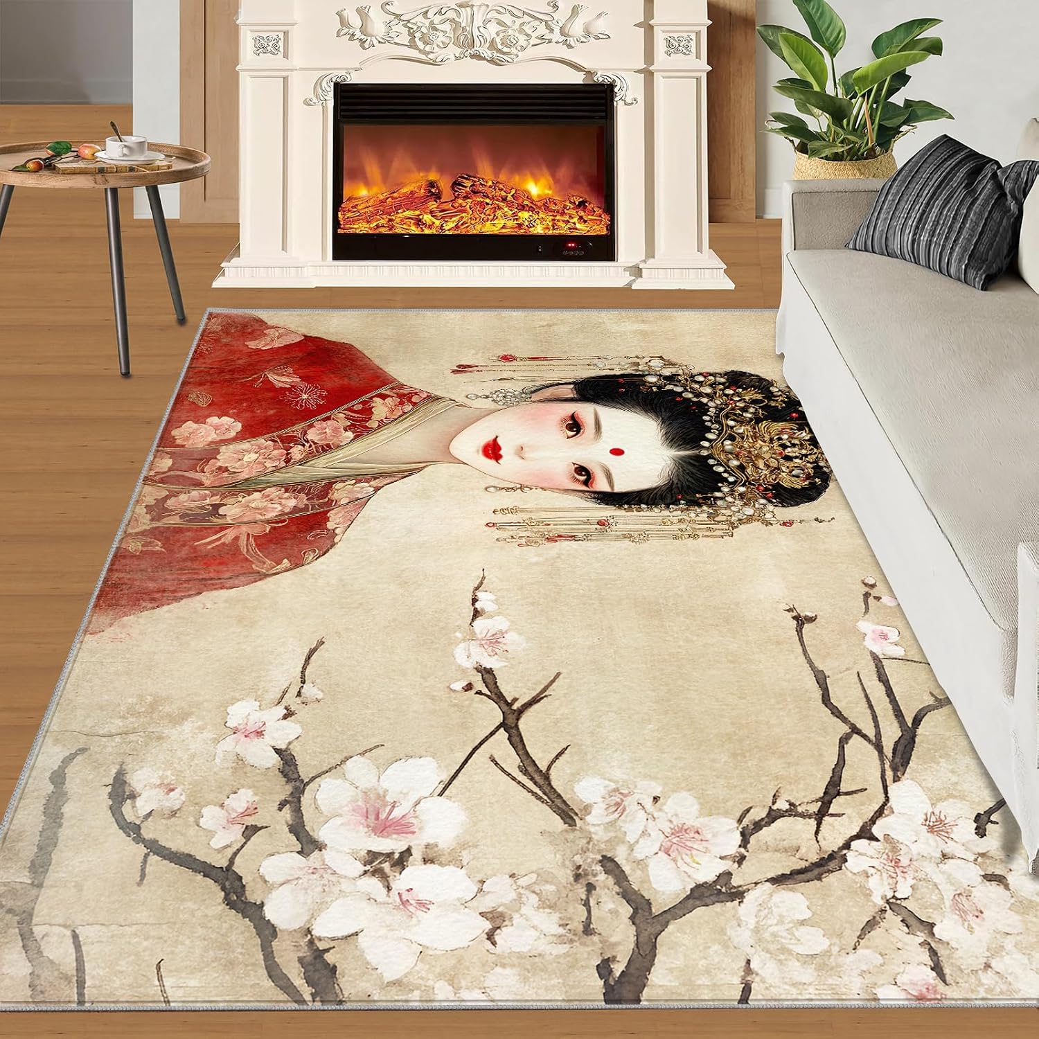 Japanese Style Rugs for Bedroom - 6x8 Area Rug - Cherry Blossoms Rugs for Living Room, Japanese Geisha Rug, Washable Home Decor Carpet