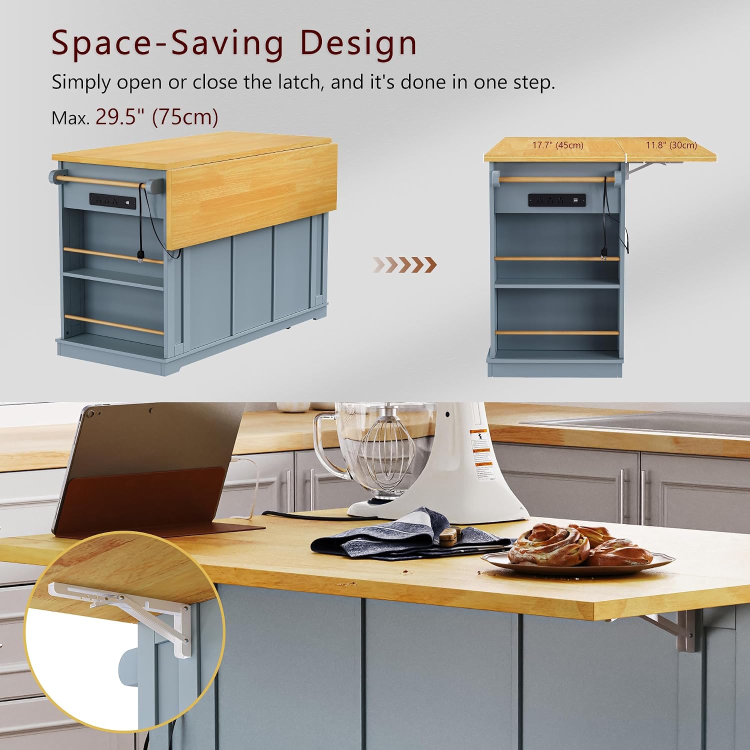 Kitchen Storage Island on Wheels with Drop Leaf & Power Outlet, Rolling Kitchen Island Cart with Open Side Racks, Door Shelves and Towel Bar, 53-Inch, Gray Blue