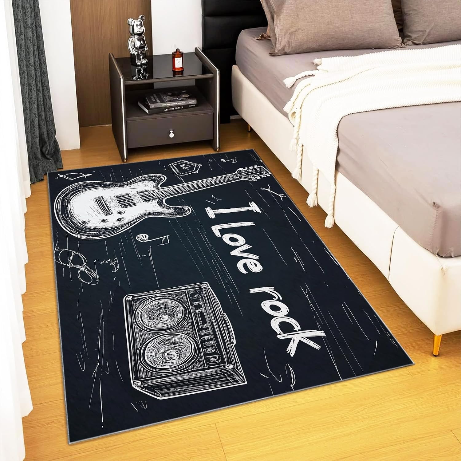 Area Rug 6x8 ft Hdrawn Musical Instrument Guitar Washable Rugs, Soft Non-Slip Faux Wool Rug for Living Room, Bedroom, Farmhouse, Dining Room, Office, Home Decor Carpet