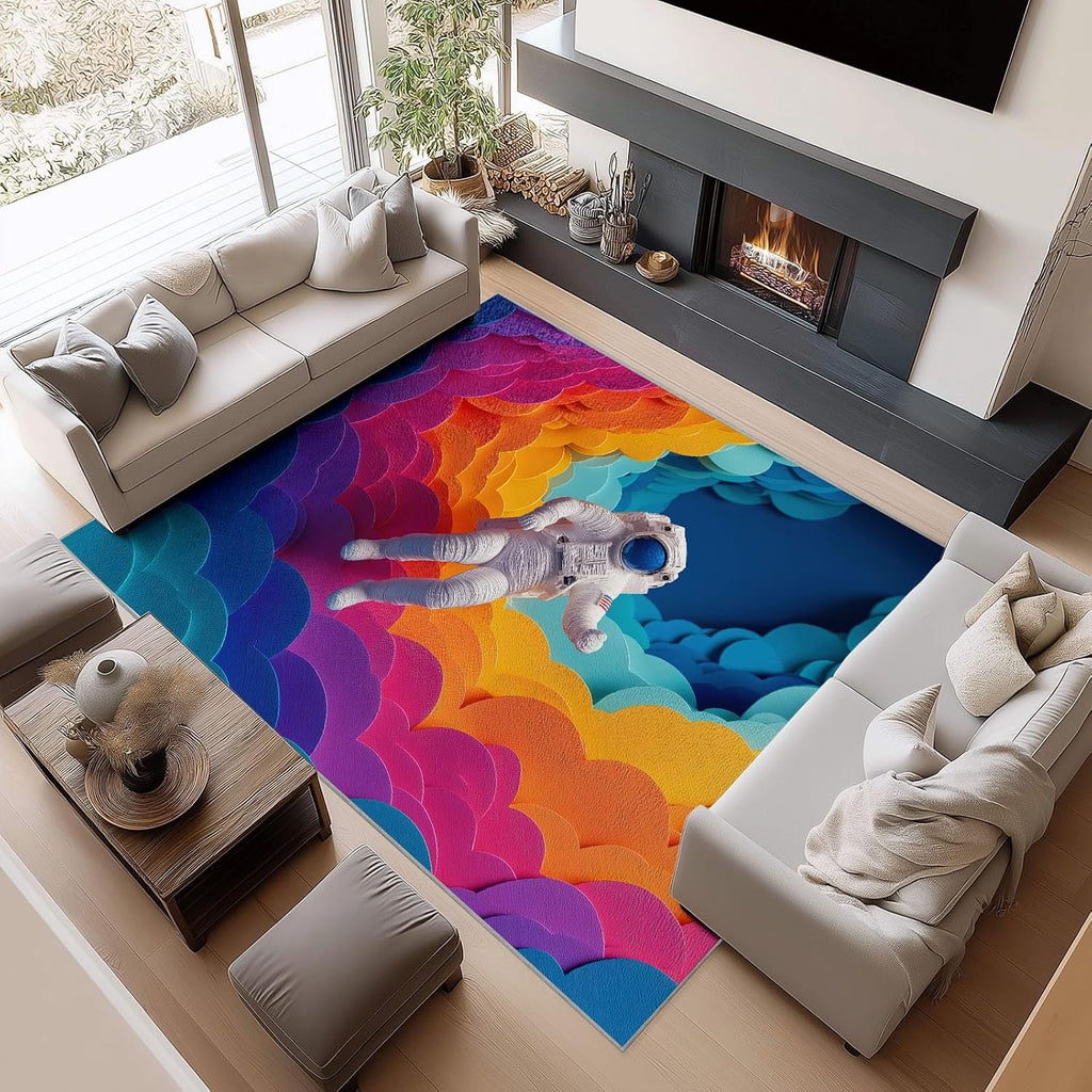 Abstract Washable 5 x 7 ft Area Rugs for Living Room, Bedroom, Dining Room Kitchen, Office Carpet, Geometric Rainbow Space Astronaut Stain Resistant Non-Slip Large Rug, Durable Easy to Clean