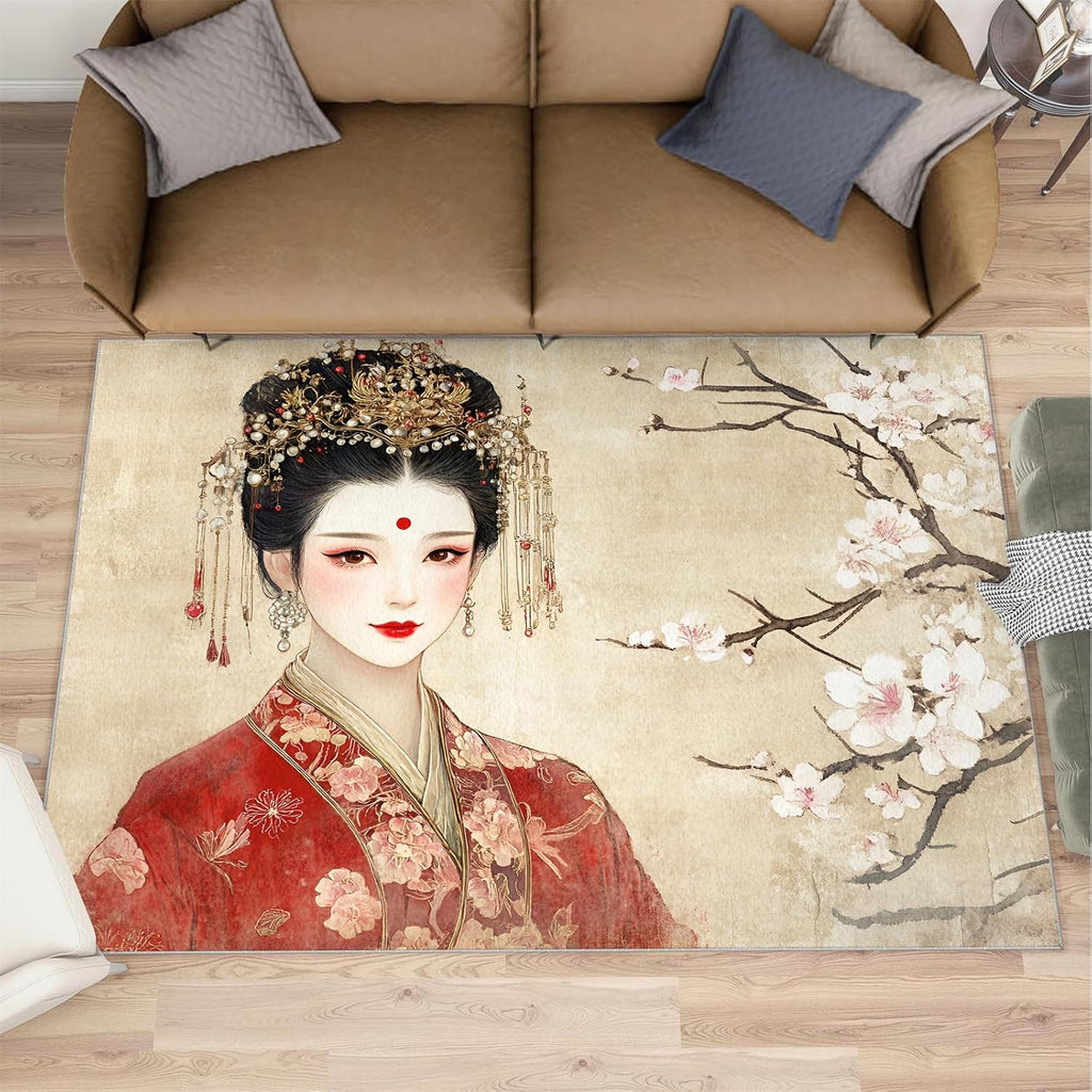 Japanese Style Rugs for Bedroom - 6x8 Area Rug - Cherry Blossoms Rugs for Living Room, Japanese Geisha Rug, Washable Home Decor Carpet
