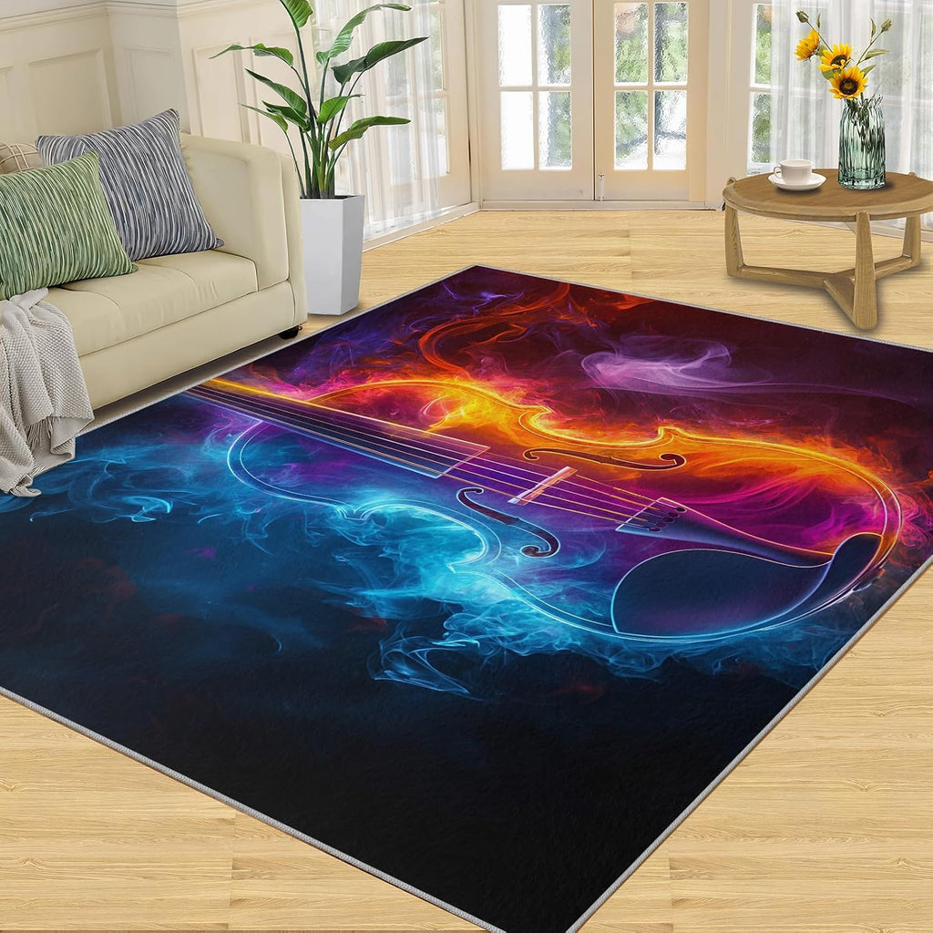 Guitar Rug 8x10-8x10 Rug, Ice and Fire Area Rugs for Bedroom, Music Rugs for Living Room, Boys Room Washable Mat, Rock Style Carpet, Guitar Home Decor & Gifts