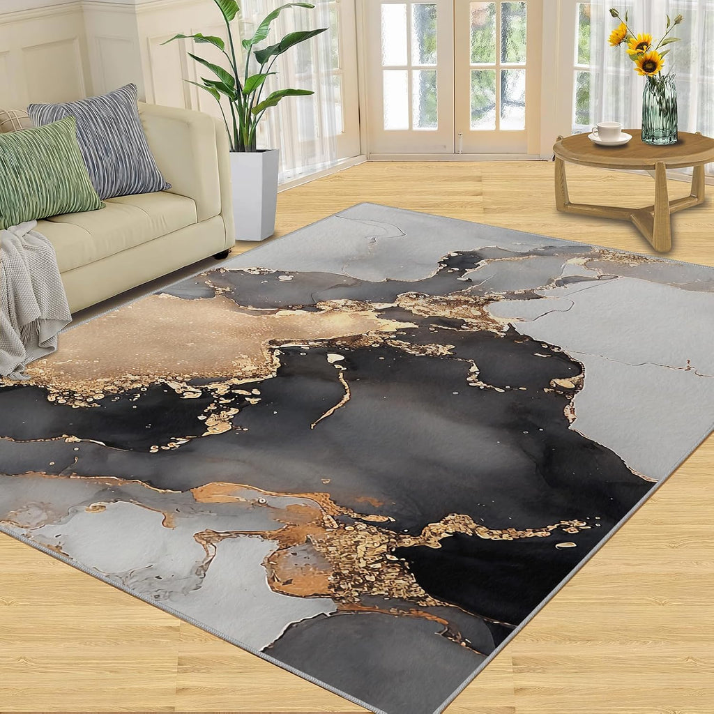6x8 Rug Grey Marble Indoor Carpet, Luxury Gold Texture Decorative Carpet Non-Slip Large Area Easy to Clean, Suitable for Kids Boys Girls Living Room Bedroom Game Room