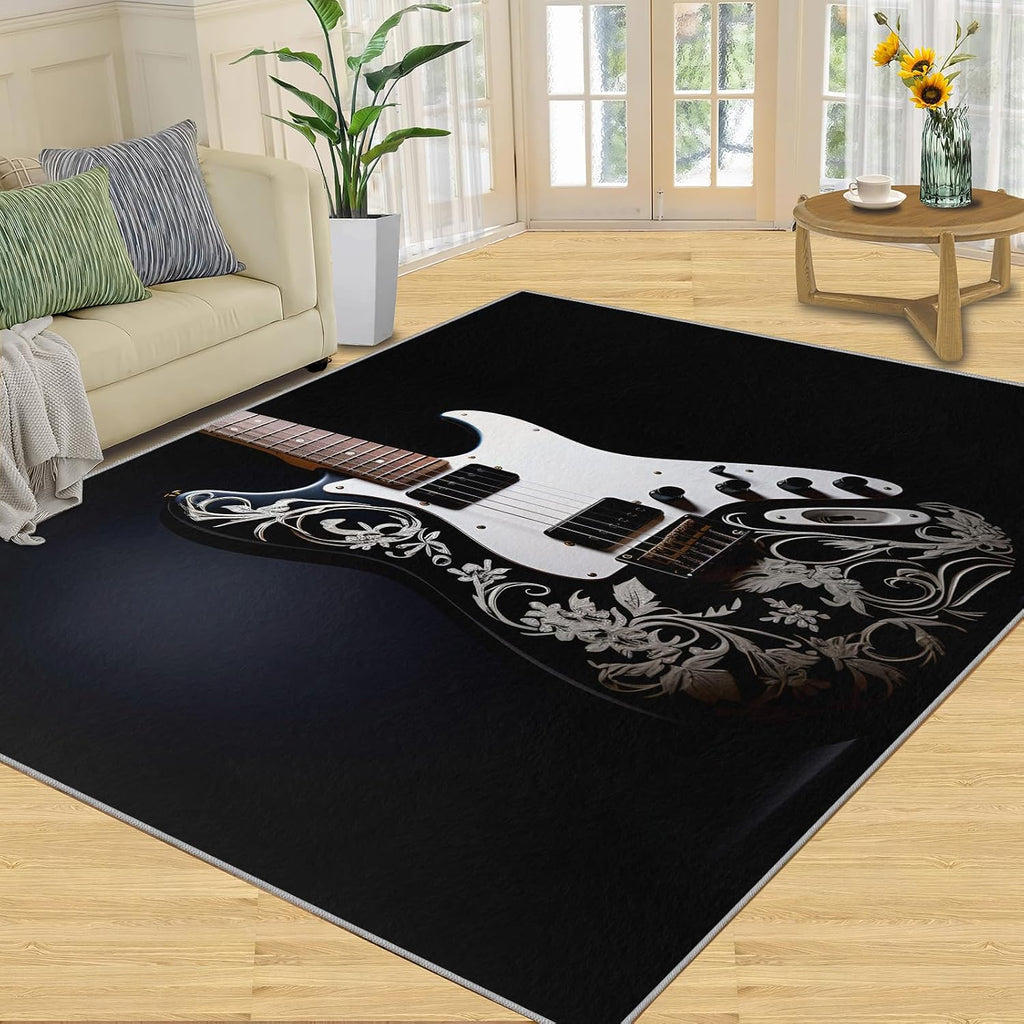 Guitar Rugs for Music Room - 5x7 Rug, Music Home Decor, Boys Musical Washable Rugs for Living Room Bedroom, Black Area Rug, Rock and Roll Carpet, Electric Guitars Gifts for Men