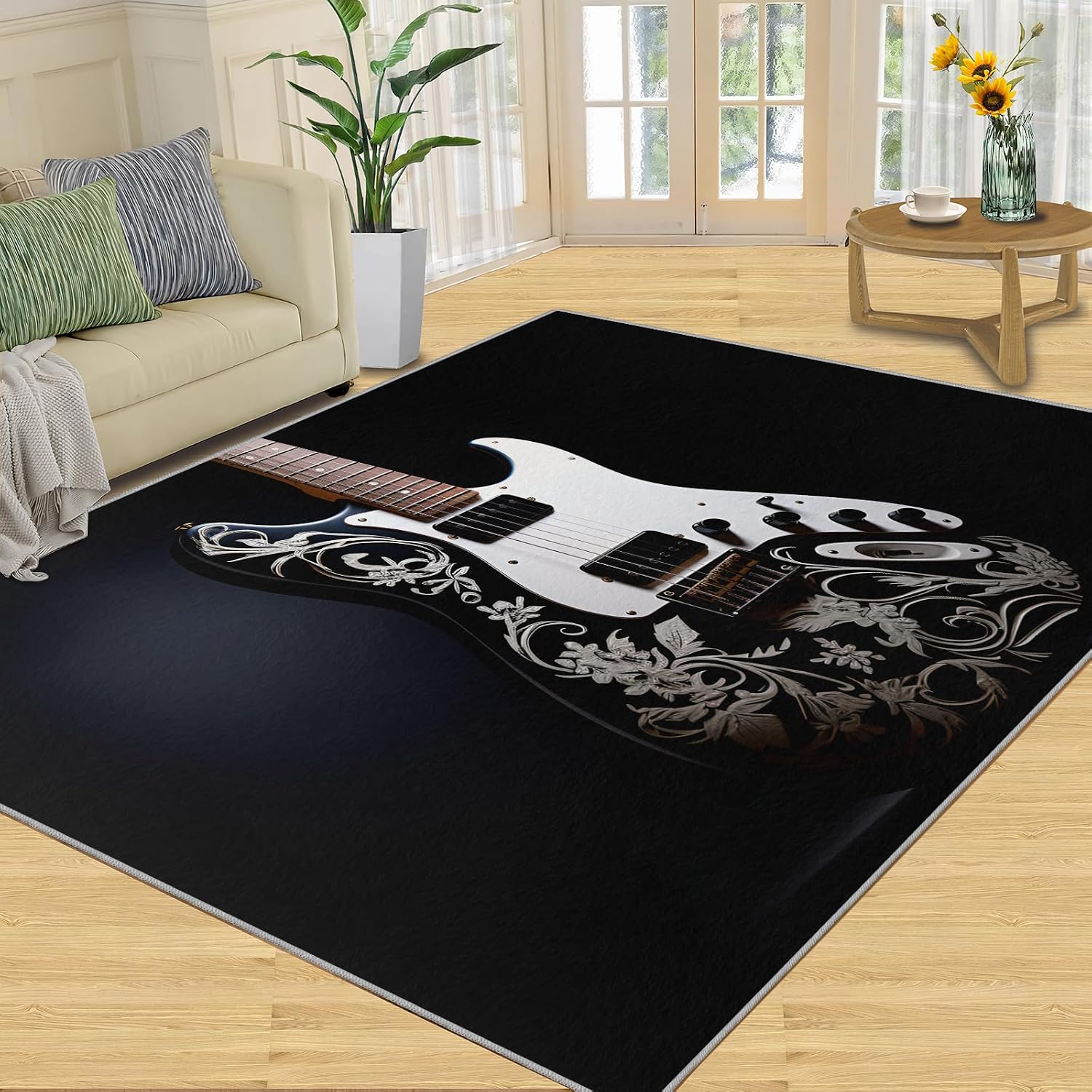 Guitar Rugs for Music Room - 5x7 Rug, Music Home Decor, Boys Musical Washable Rugs for Living Room Bedroom, Black Area Rug, Rock and Roll Carpet, Electric Guitars Gifts for Men