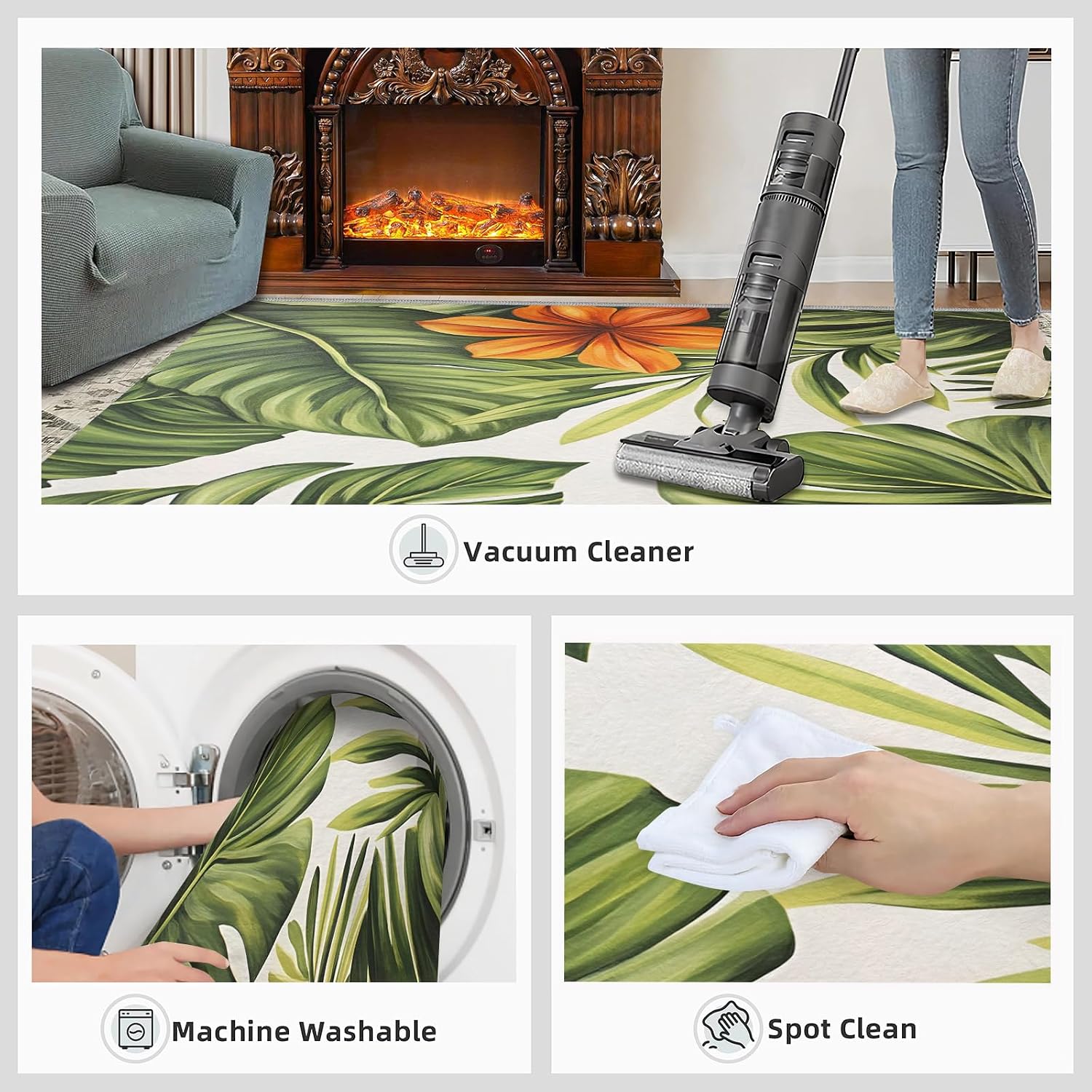 Hibiscus Monstera Rugs for Bedroom - 6x8 Rug, Floral Area Rugs for Living Room, Green Botanical Carpet, Botanical Washable Area Mat, Tropical Leaves Carpet, Floral Home Decor & Gifts