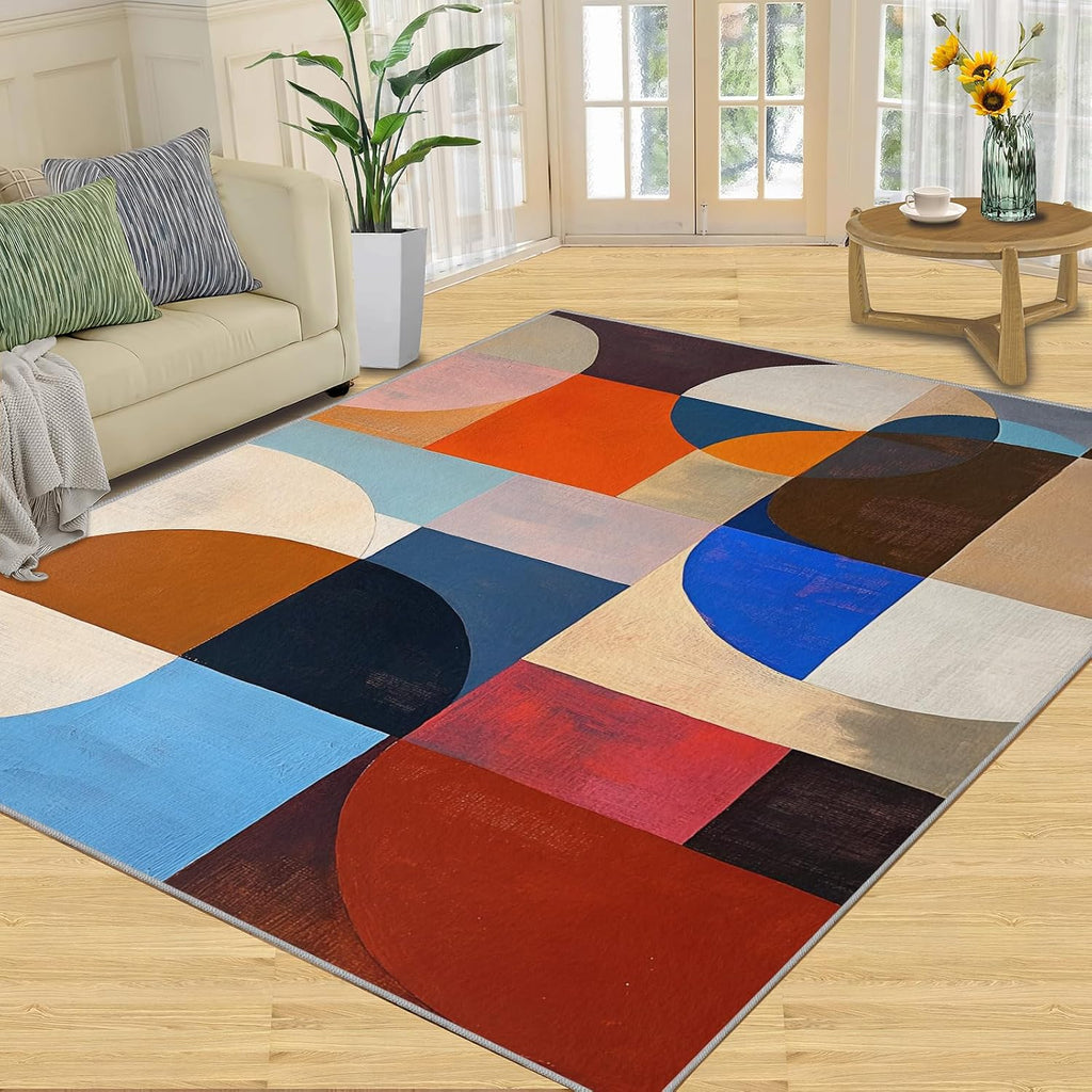Geometric Rugs for Bedroom, Abstract Color Blocks Rug 6x8, Modern Minimalist Decor Dining Room Rugs Washable & Non Slip Large Carpet for Home Decor