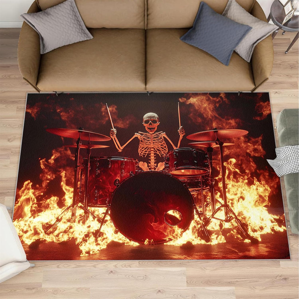 Skull Rugs for Bedroom - 6x8 Rug, Drum Set Area Rugs for Living Room, Flame Carpet, Rock and Roll Washable Area Mat, Boys Room Carpet, Music Home Decor