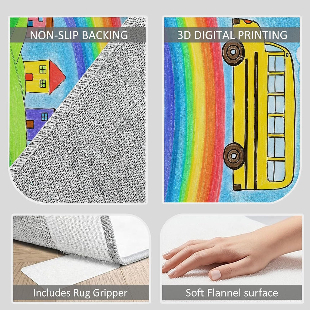 Machine Washable Area Rug 5 x 7 ft for Living Room, Cartoon Non-Slip Carpet Bedroom Rugs - Rainbow Green Trees Houses Cars Low-Pile Print Carpets for Bedroom Home Office Dining Room
